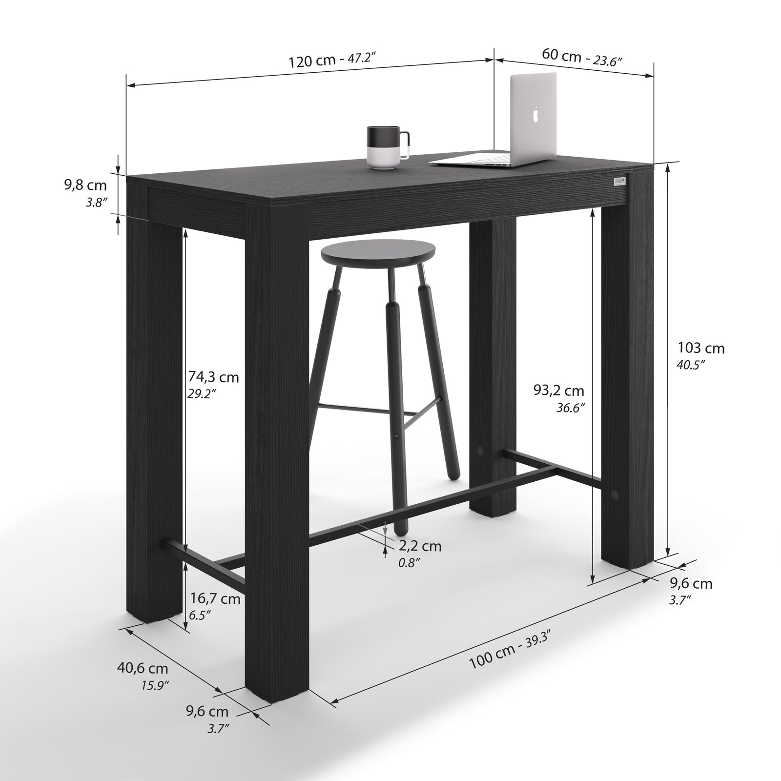 Rachele High Bar Table 120x60 cm, Ashwood Black - Immagine tecnica 1
