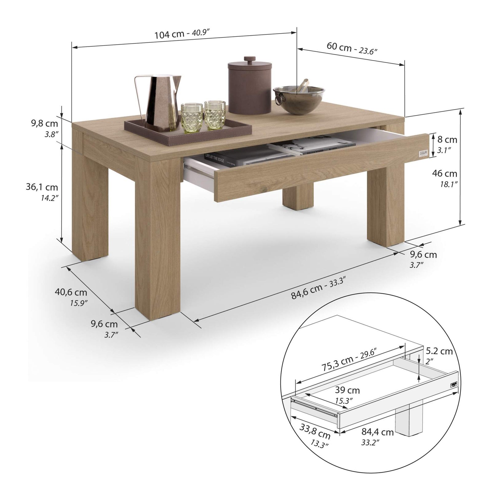 Rachele Coffee Table 104x60 cm, Light Oak - Immagine tecnica 1