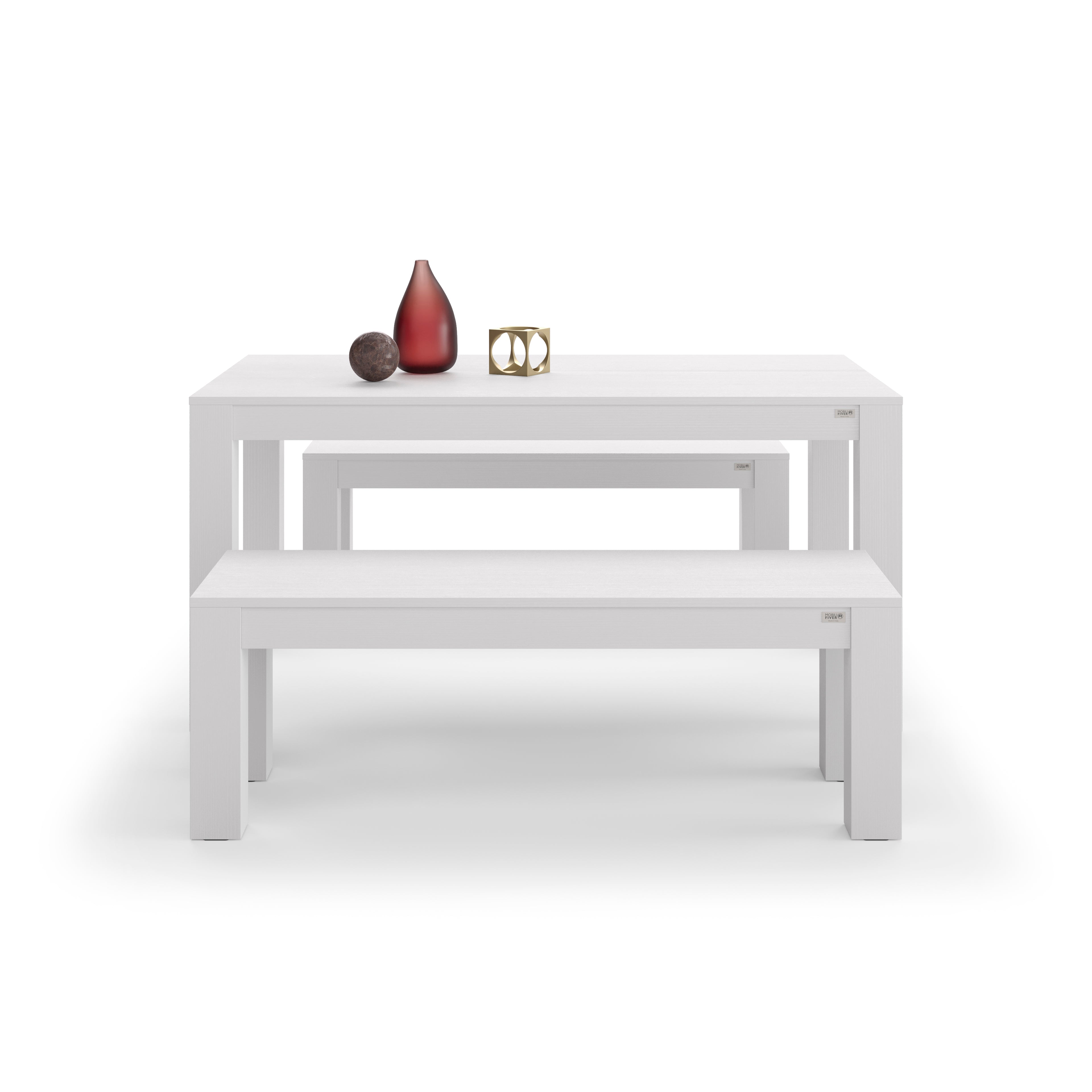 Table à manger Rachele 160x90 cm + 2 bancs fixes Rachele 135x45 cm, Frêne Blanc