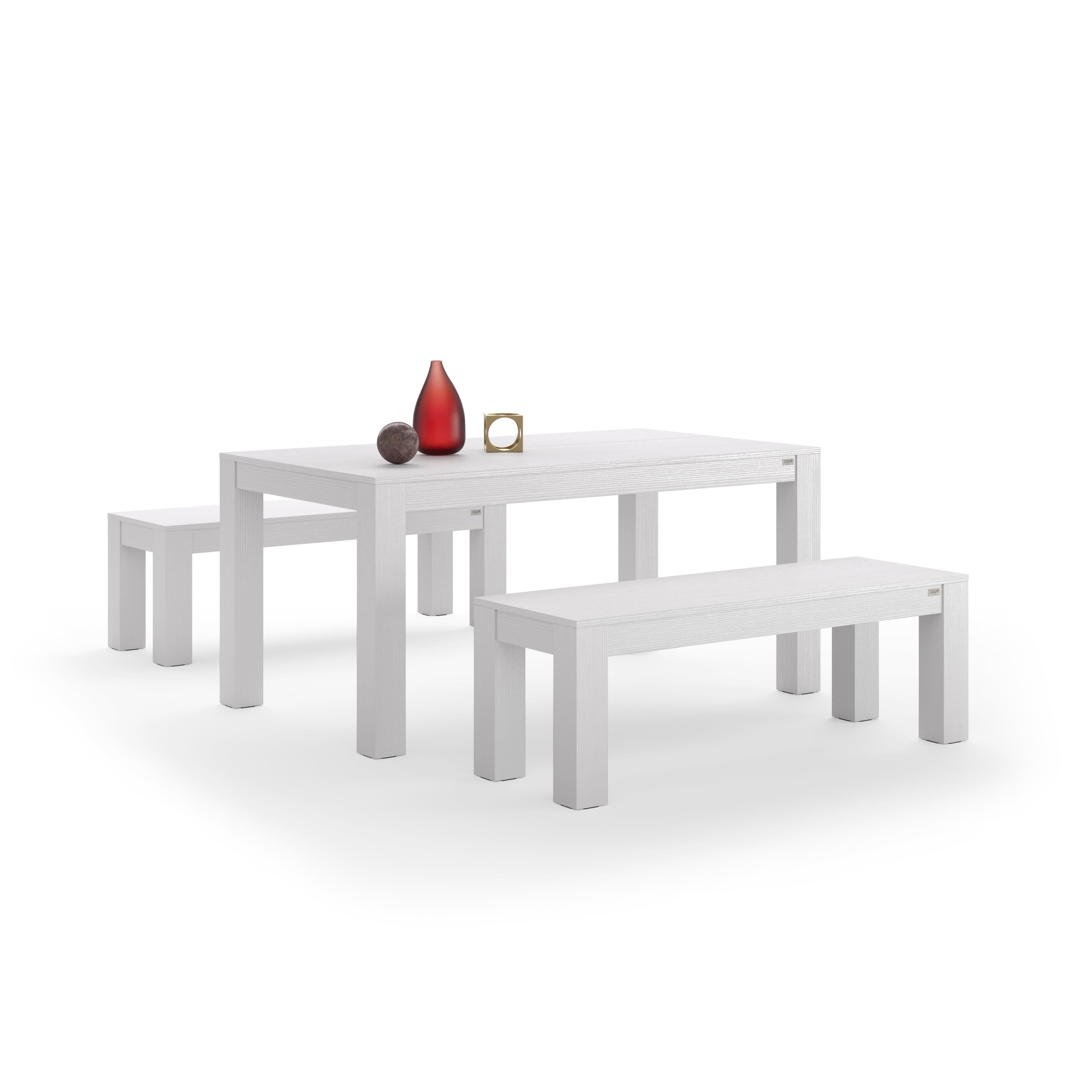 Table à manger Rachele 160x90 cm + 2 bancs fixes Rachele 135x45 cm, Frêne Blanc - Main image