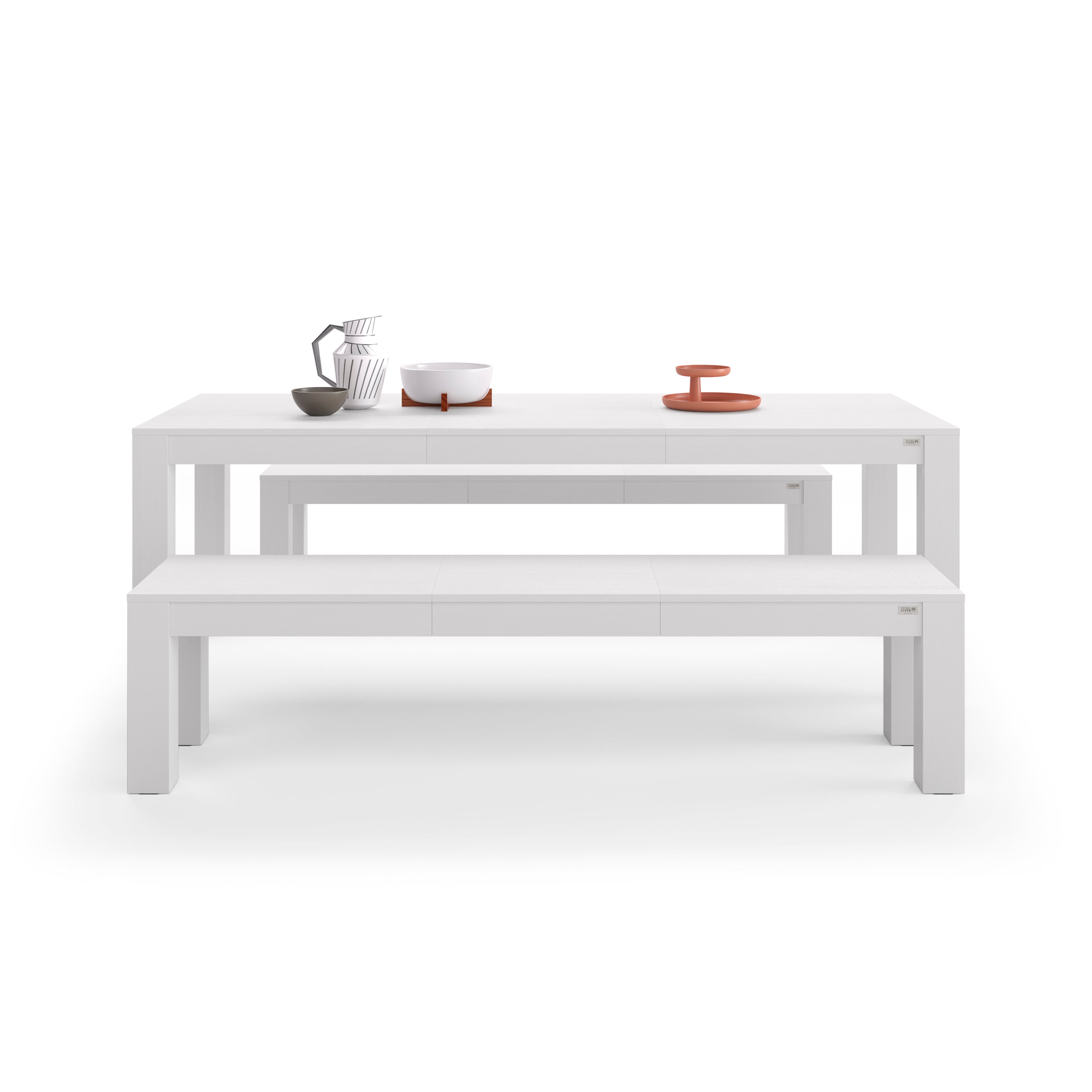 Table extensible Rachele 160(225)x90 cm + 2 bancs extensibles Rachele 140(192,5)x45 cm, Frêne Blanc