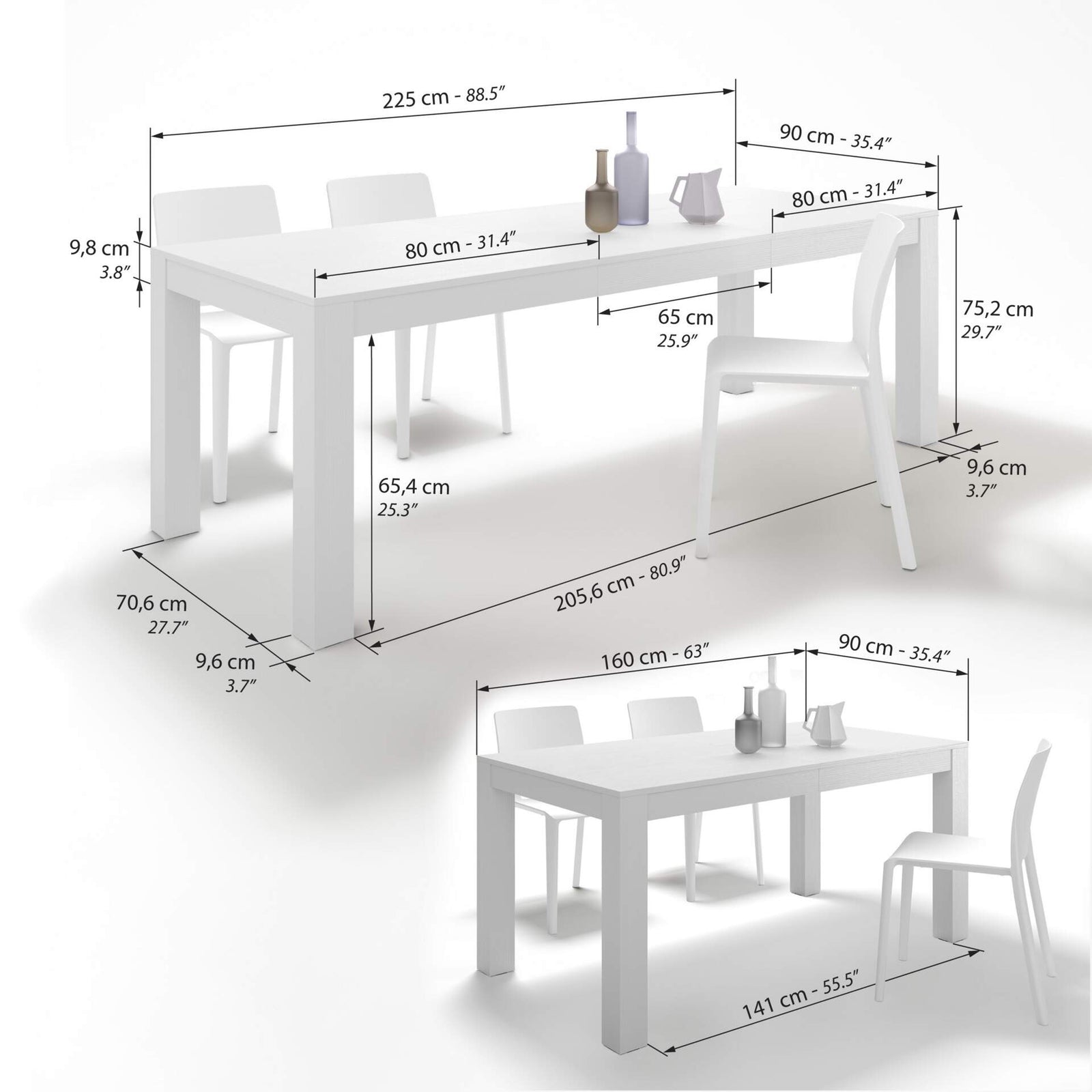 Ausziehbarer Tisch Rachele 160(225)x90 cm + 2 ausziehbare Bänke Rachele 140(192,5)x45 cm, Esche Weiß - Immagine tecnica 1