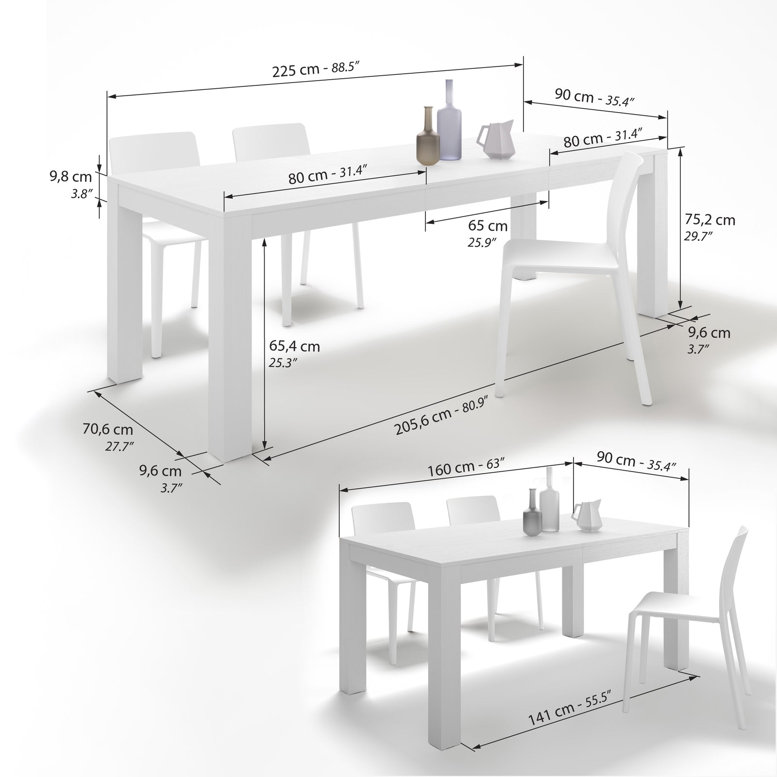 Table extensible Rachele 160(225)x90 cm, Frêne Blanc - Immagine tecnica 1
