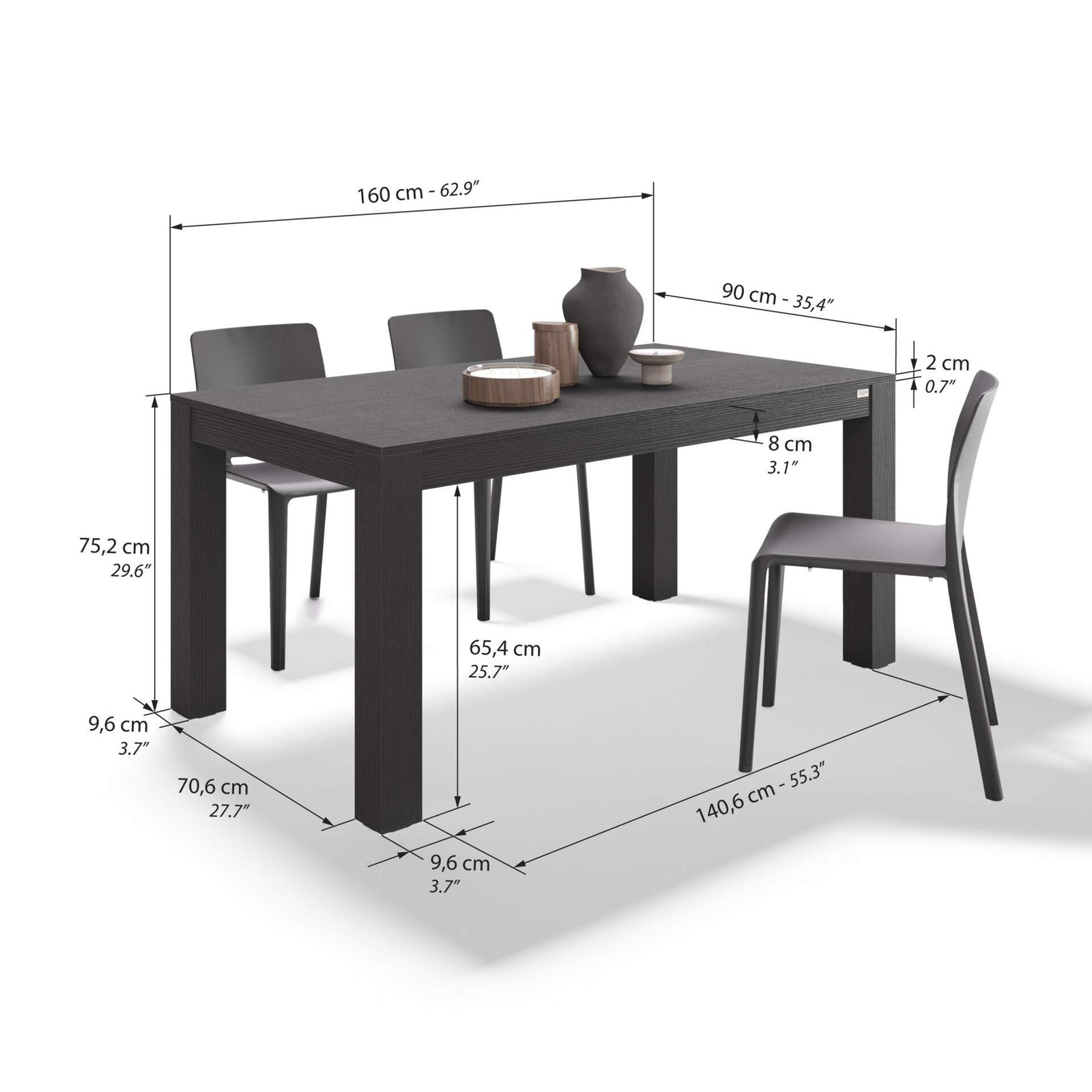 Table à manger Rachele 160x90 cm + 2 bancs fixes Rachele 135x45 cm, Frêne Noir - Immagine tecnica 1