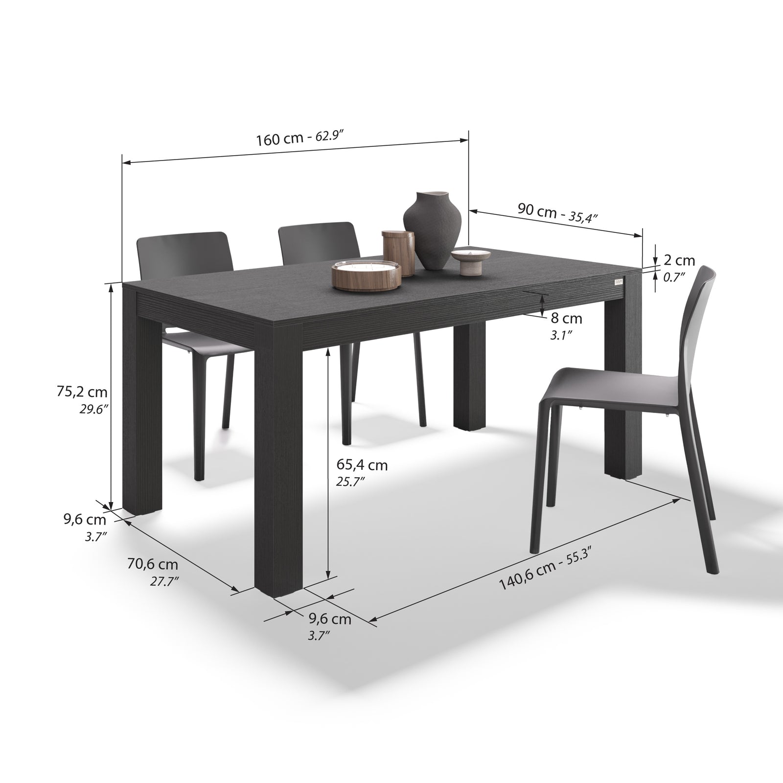 Rachele Dining Table, 160x90 cm, Ashwood Black - Immagine tecnica 1