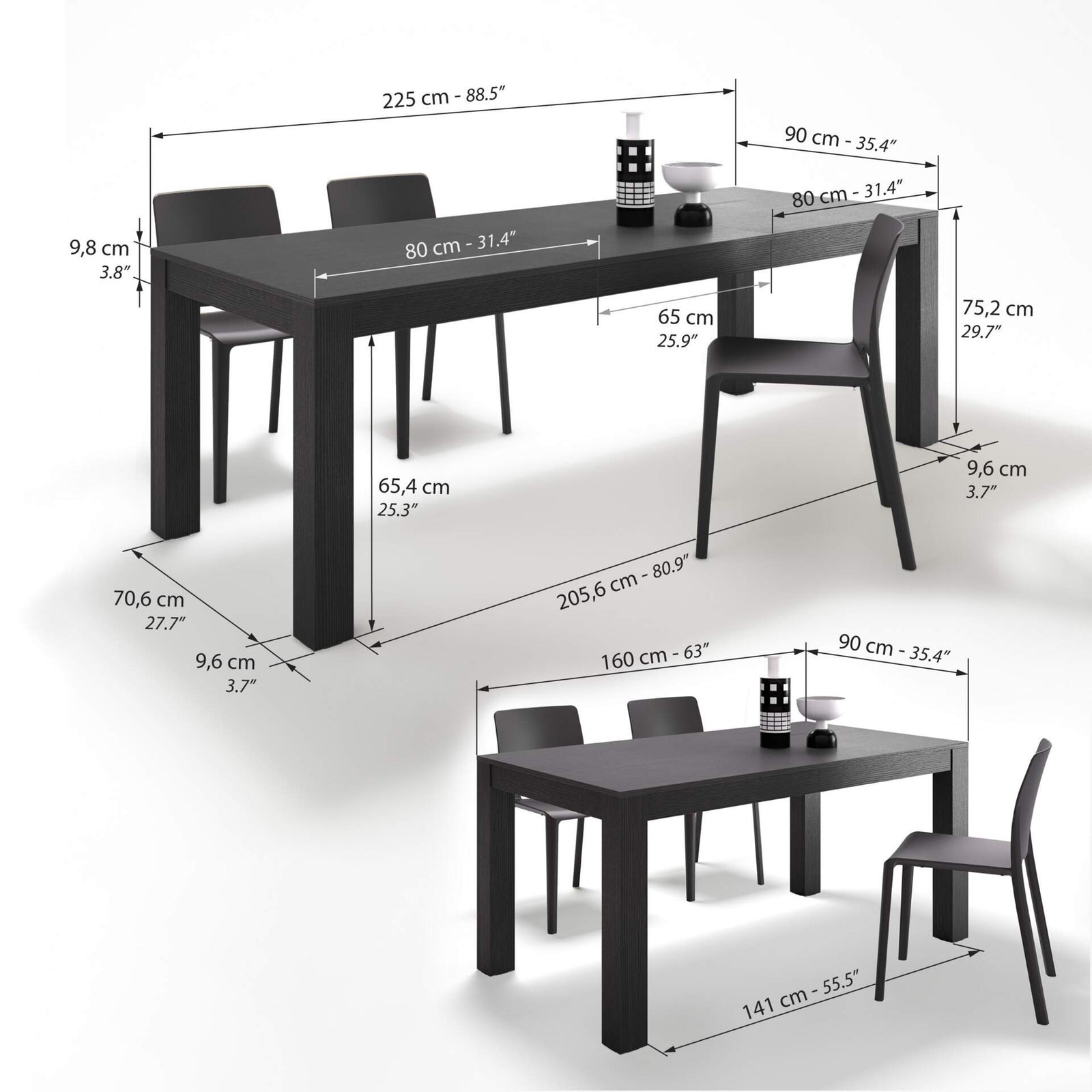 Table extensible Rachele 160(225)x90 cm + 2 bancs extensibles Rachele 140(192,5)x45 cm, Frêne Noir - Immagine tecnica 1