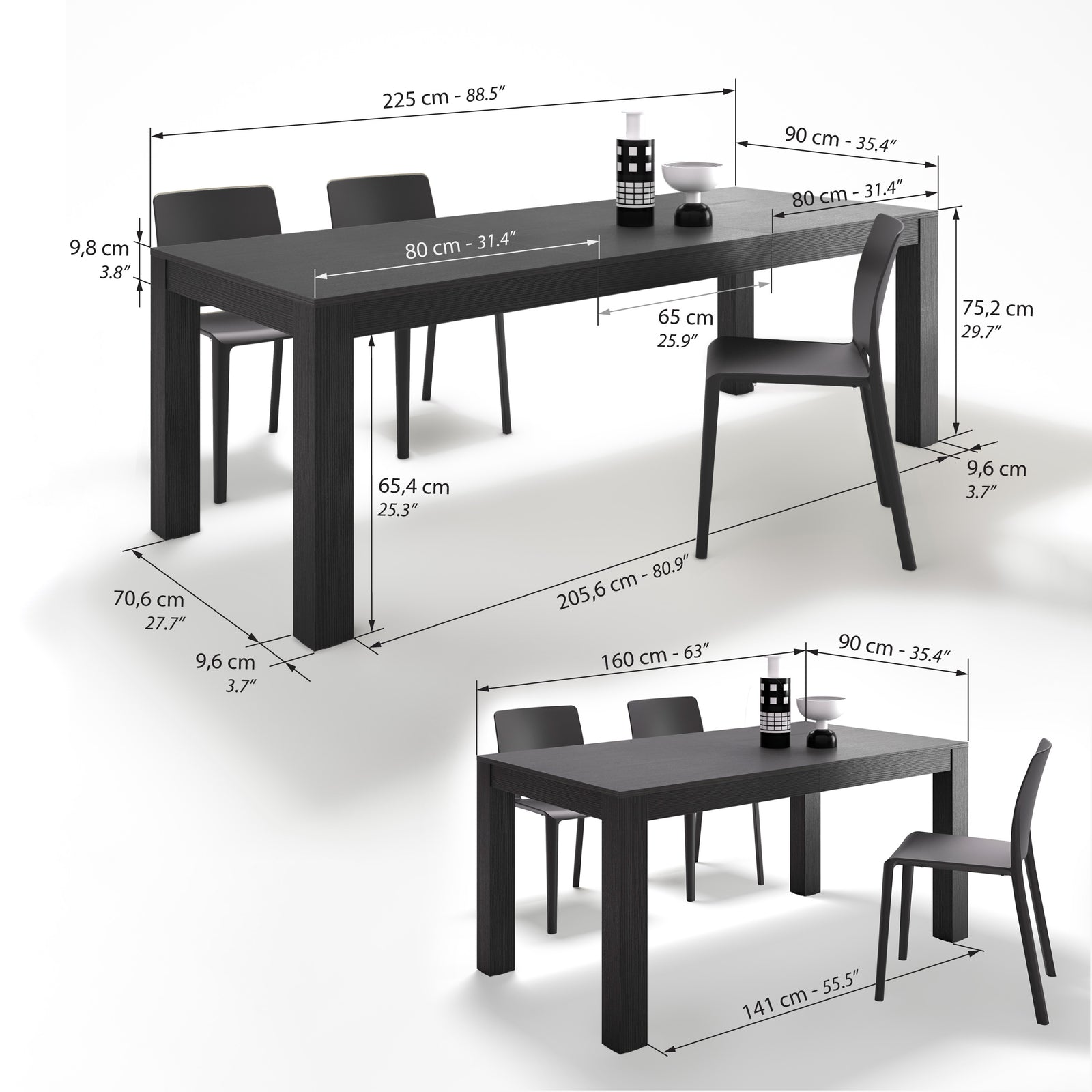Rachele Extendable Dining Table, 160(225)x90 cm, Ashwood Black - Immagine tecnica 1
