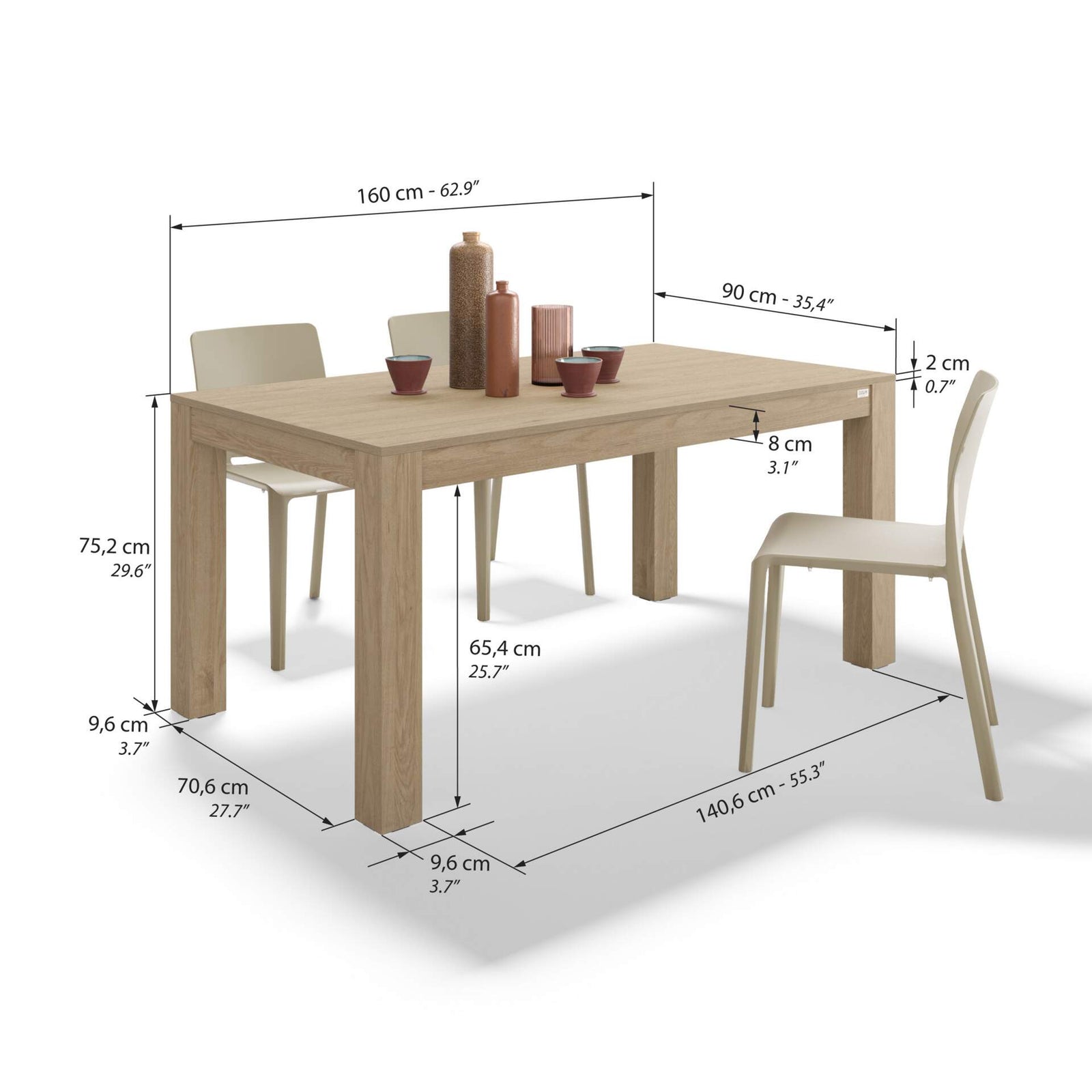 Tavolo fisso Rachele 160x90 cm + 2 Panche fisse Rachele 135x45 cm, Rovere Naturale - Immagine tecnica 1