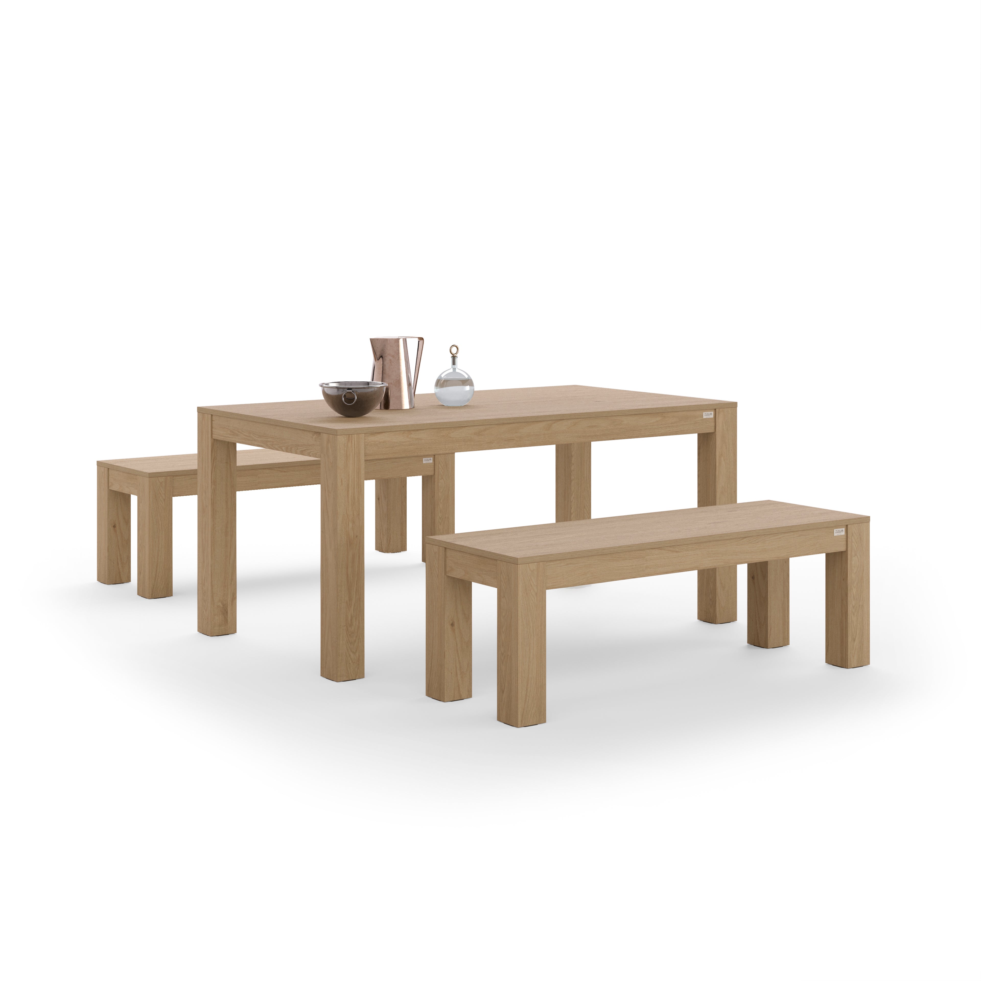 Table à manger Rachele 160x90 cm + 2 bancs fixes Rachele 135x45 cm, Chêne Clair