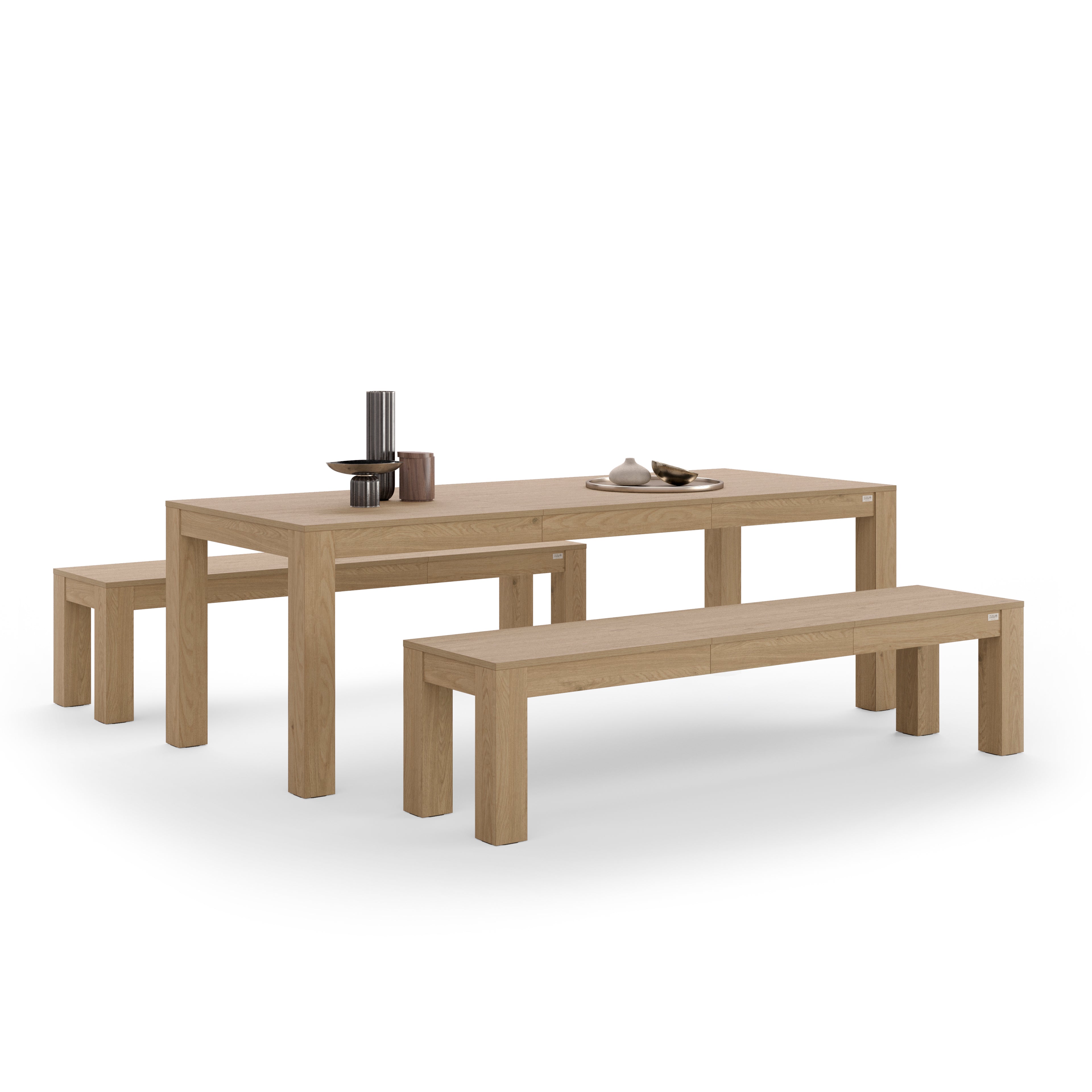 Table extensible Rachele 160(225)x90 cm + 2 bancs extensibles Rachele 140(192,5)x45 cm, Chêne Clair