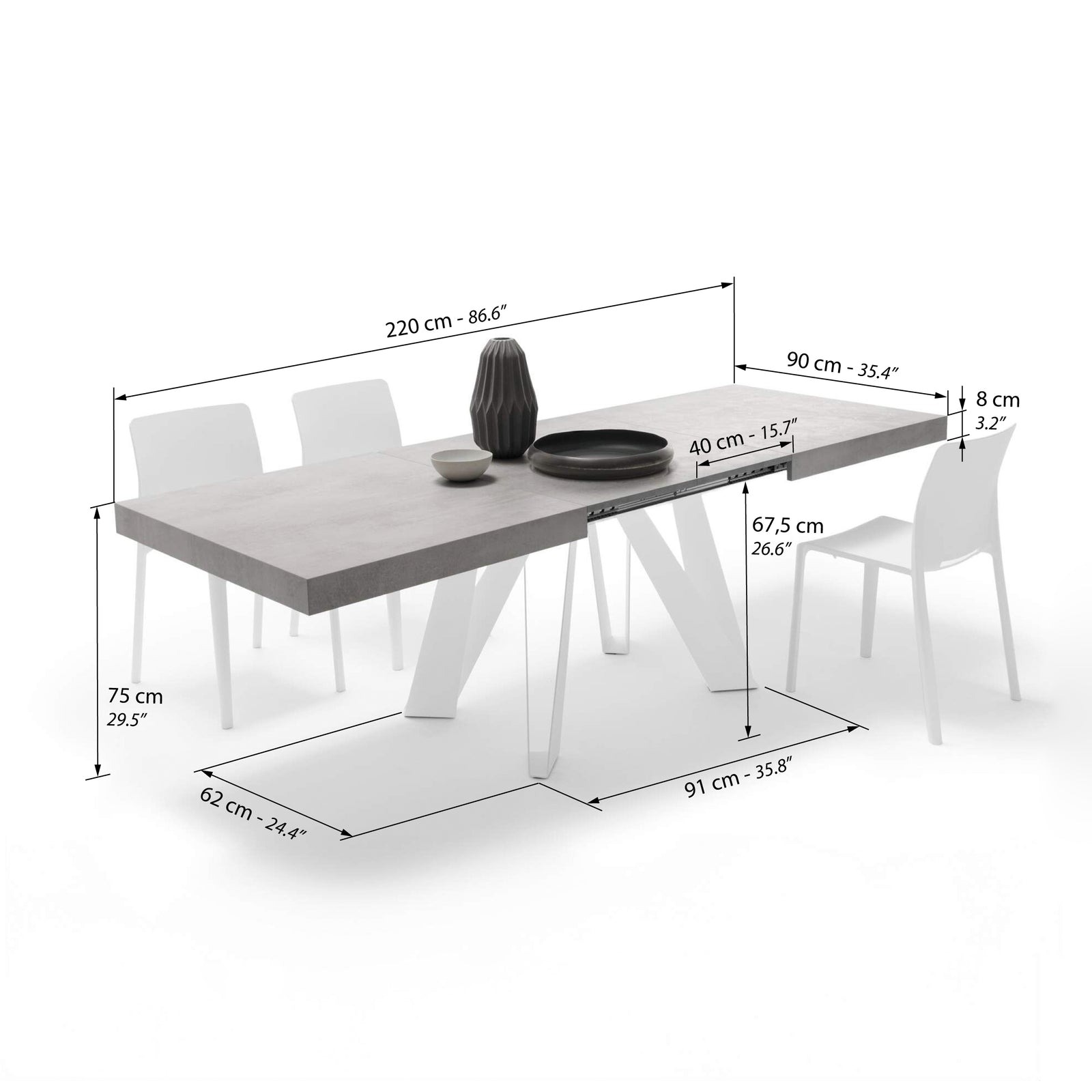 Table Extensible Romina 140 (220) X 90 cm, Gris Béton Avec Pieds en Fer Blanc - Immagine tecnica 2