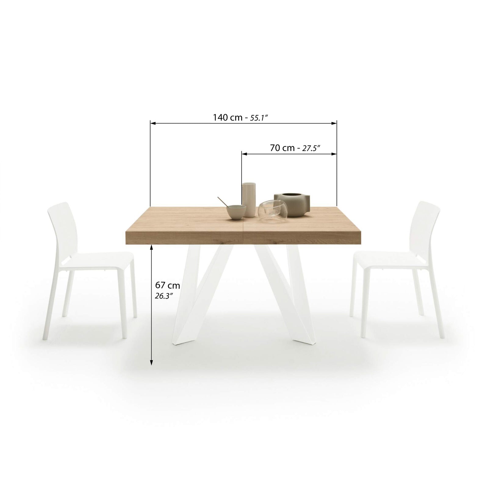 Romina Extendable Table 140(220)x90 cm, Light Oak with White Iron Legs - Immagine tecnica 1