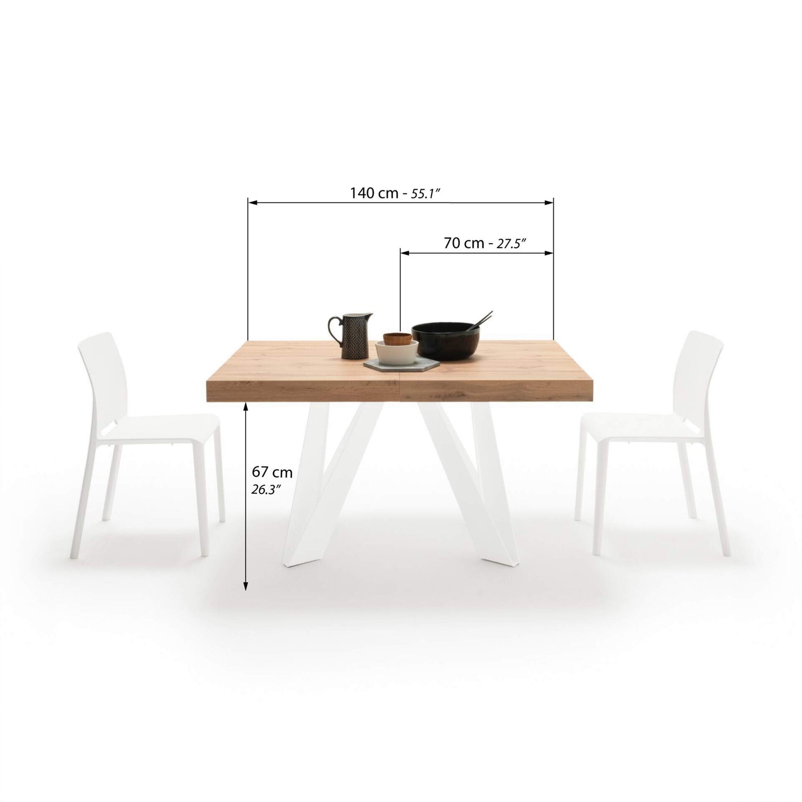 Ausziehbarer Esstisch Romina 140(220)x90 cm, Rustikale Eiche, Weiße Eisen Beine - Immagine tecnica 1