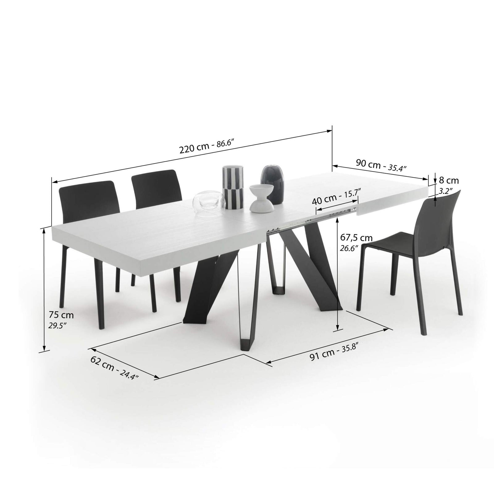 Ausziehbarer Esstisch Romina 140(220)x90 cm, Esche Weiß, Schwarze Eisen Beine - Immagine tecnica 2