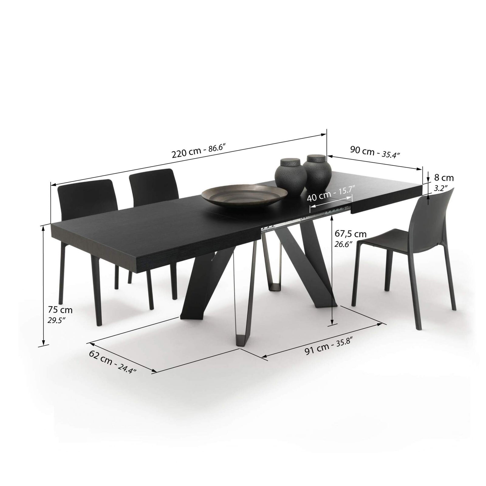 Ausziehbarer Esstisch Romina 140(220)x90 cm, Esche Schwarz, Schwarze Eisen Beine - Immagine tecnica 2