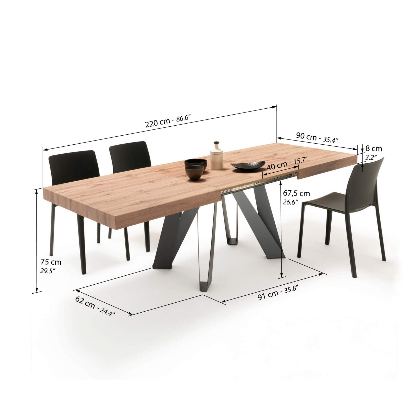 Ausziehbarer Esstisch Romina 140(220)x90 cm, Rustikale Eiche, Schwarze Eisen Beine - Immagine tecnica 2