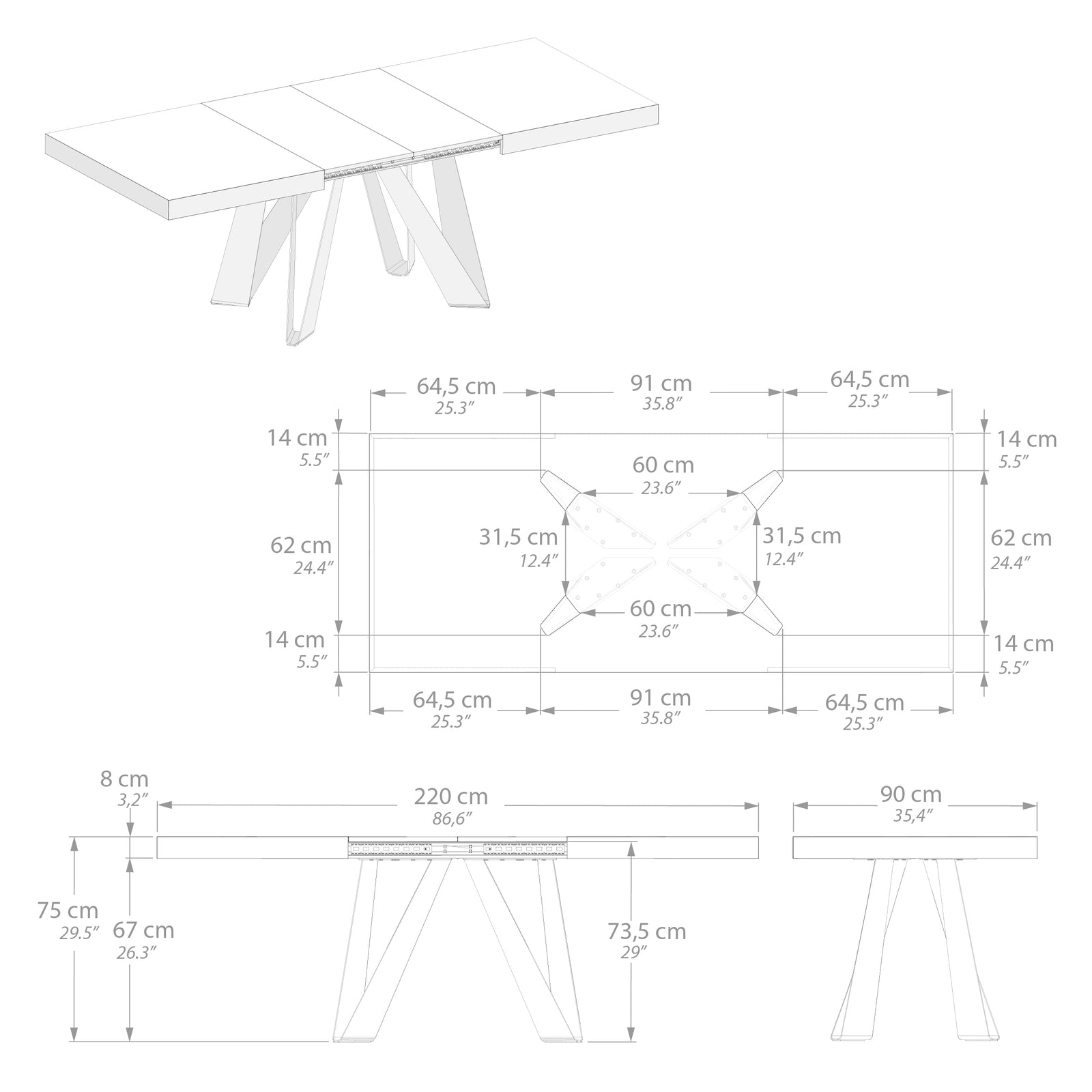 Romina Extendable Table 140(220)x90 cm, Light Oak with White Iron Legs - Immagine tecnica 4