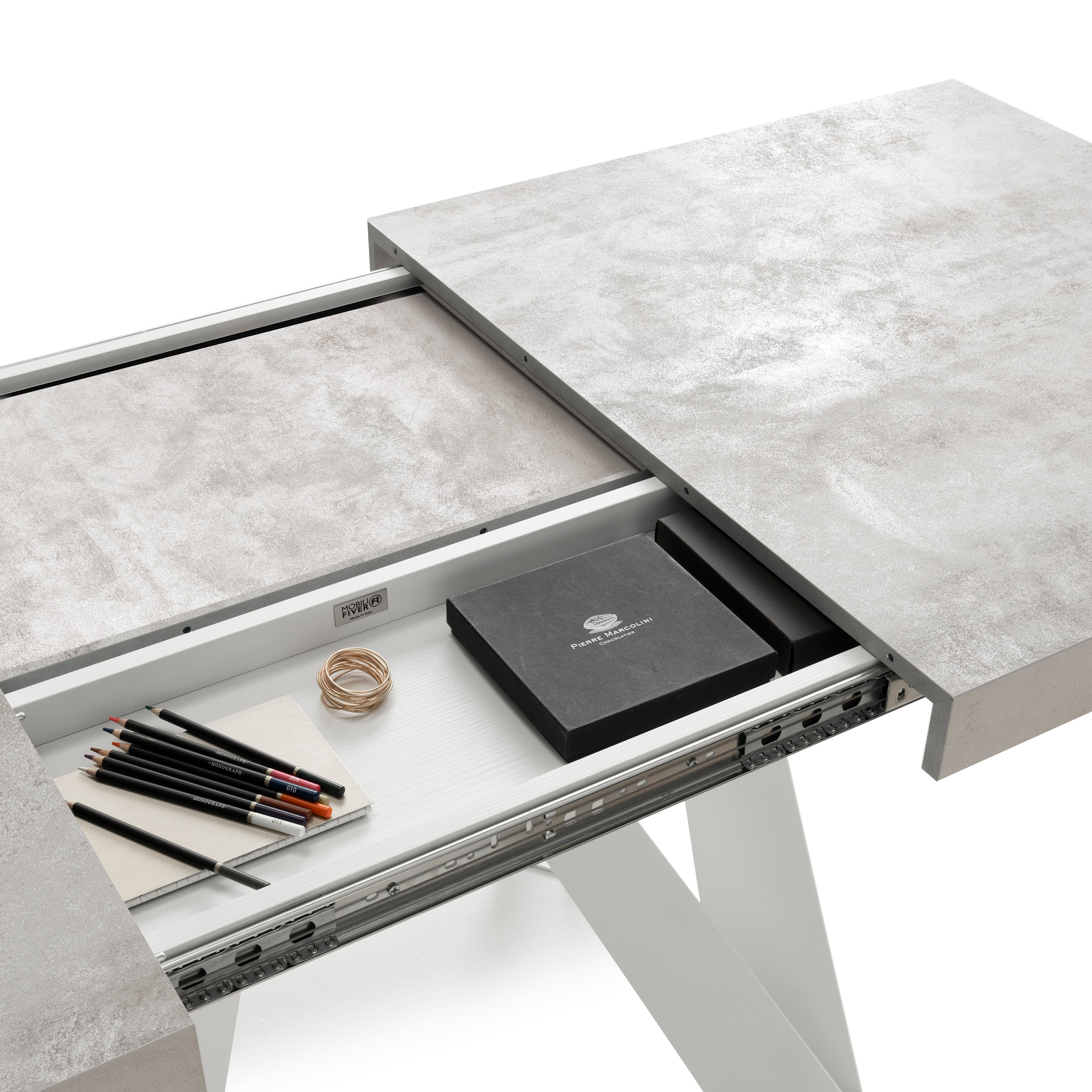 Tavolo Allungabile Romina 160(240)x90 cm, Grigio Cemento con Gambe in Ferro Bianche - Immagine dettaglio 2