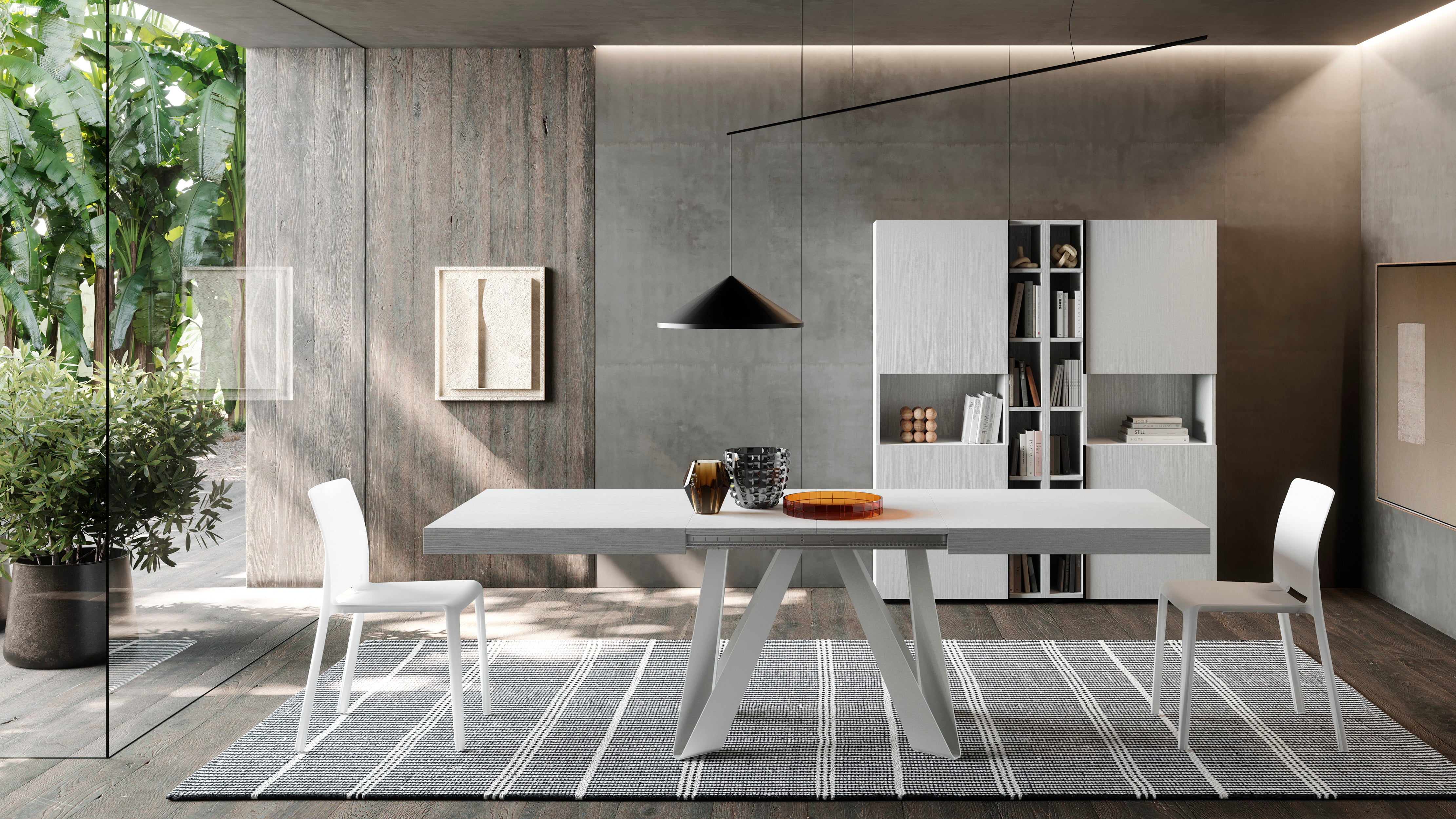 Tavolo Allungabile Romina 160(240)x90 cm, Bianco Frassino con Gambe in Ferro Bianche - Immagine ambientata 1