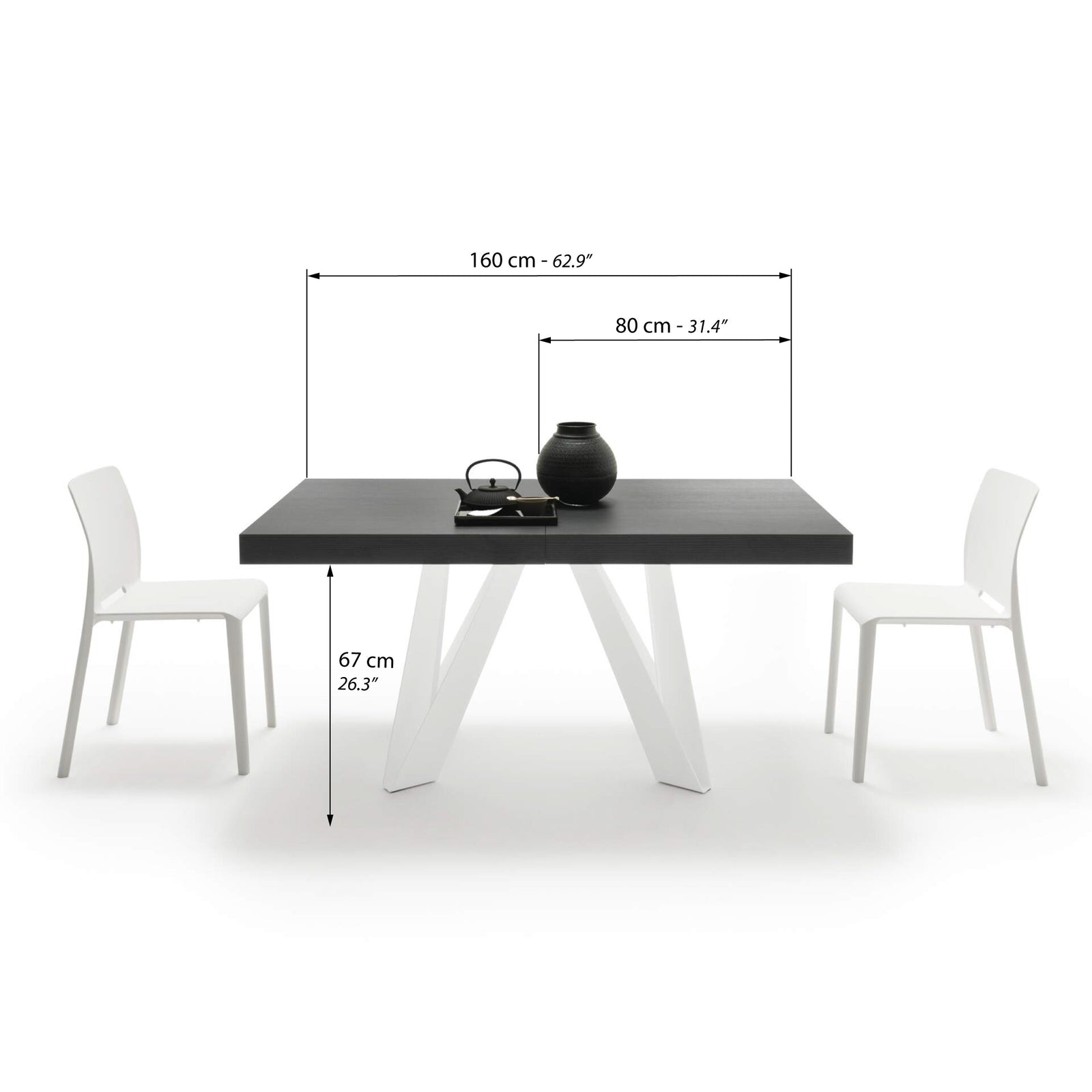Ausziehbarer Esstisch Romina 160(240)x90 cm, Esche Schwarz, Weiße Eisen Beine - Immagine tecnica 1
