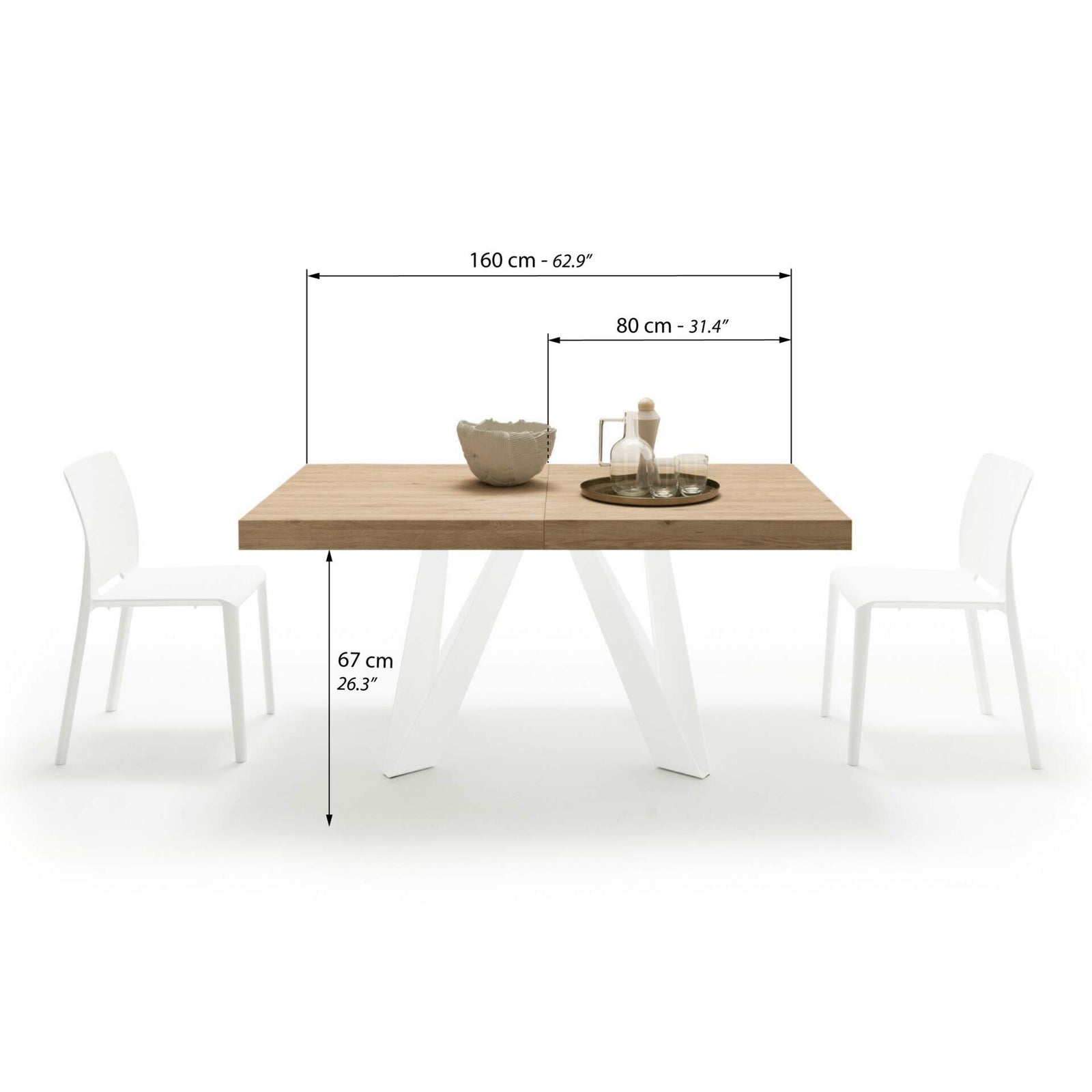 Tavolo Allungabile Romina 160(240)x90 cm, Rovere Naturale con Gambe in Ferro Bianche - Immagine tecnica 1