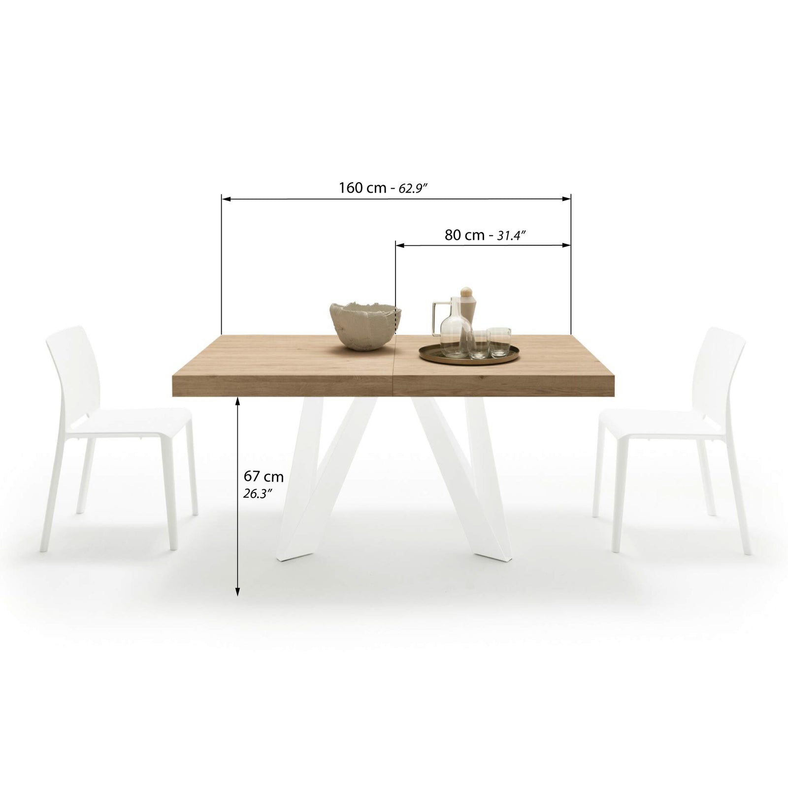 Romina Extendable Table 160(240)x90 cm, Light Oak with White Iron Legs - Immagine tecnica 1