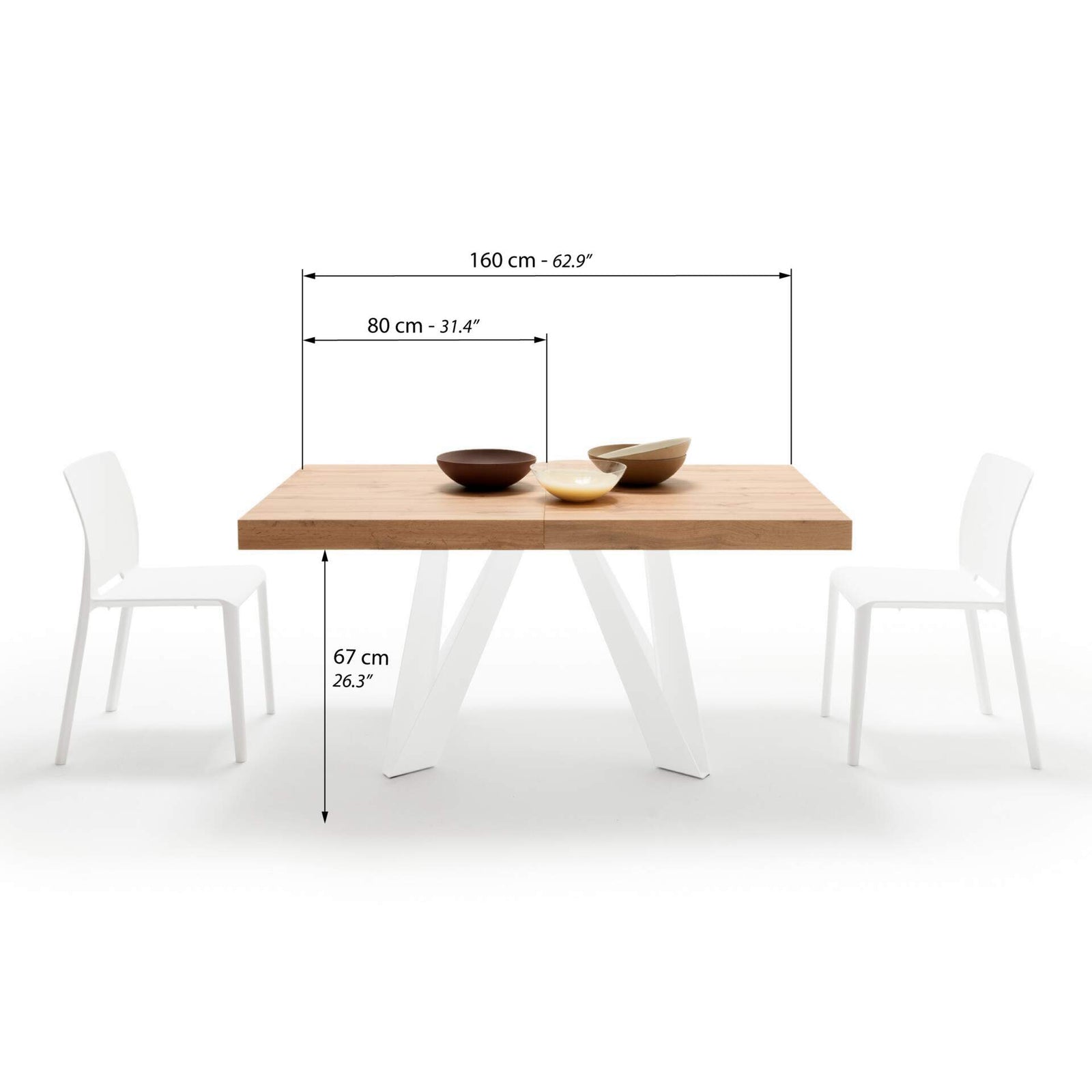Tavolo Allungabile Romina 160(240)x90 cm, Rovere Rustico con Gambe in Ferro Bianche - Immagine tecnica 1