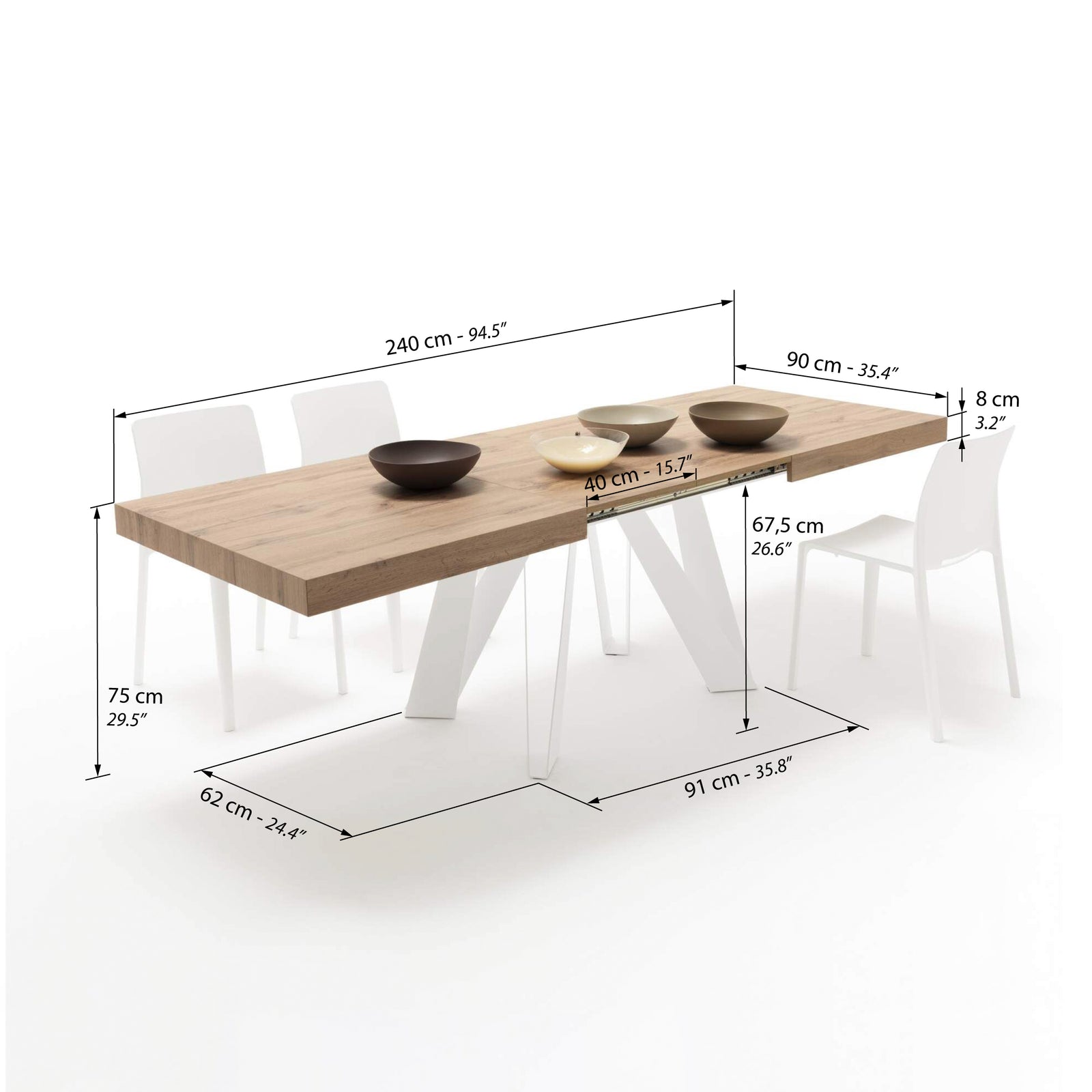 Tavolo Allungabile Romina 160(240)x90 cm, Rovere Rustico con Gambe in Ferro Bianche - Immagine tecnica 2