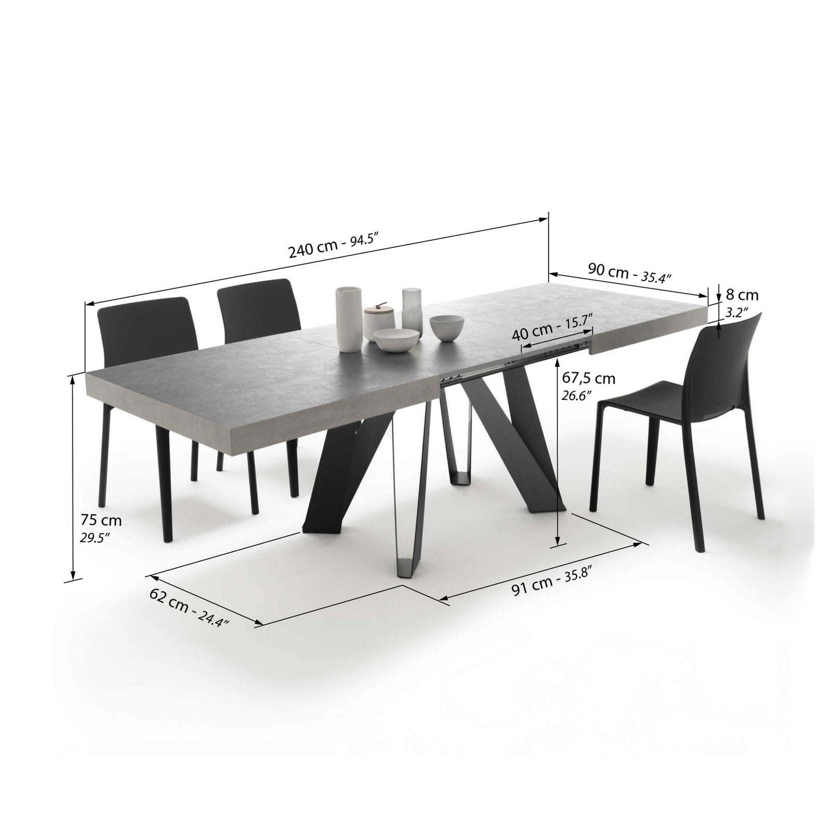 Table Extensible Romina 160 (240) X 90 cm, Gris Béton Avec Pieds en Fer Noir - Immagine tecnica 2