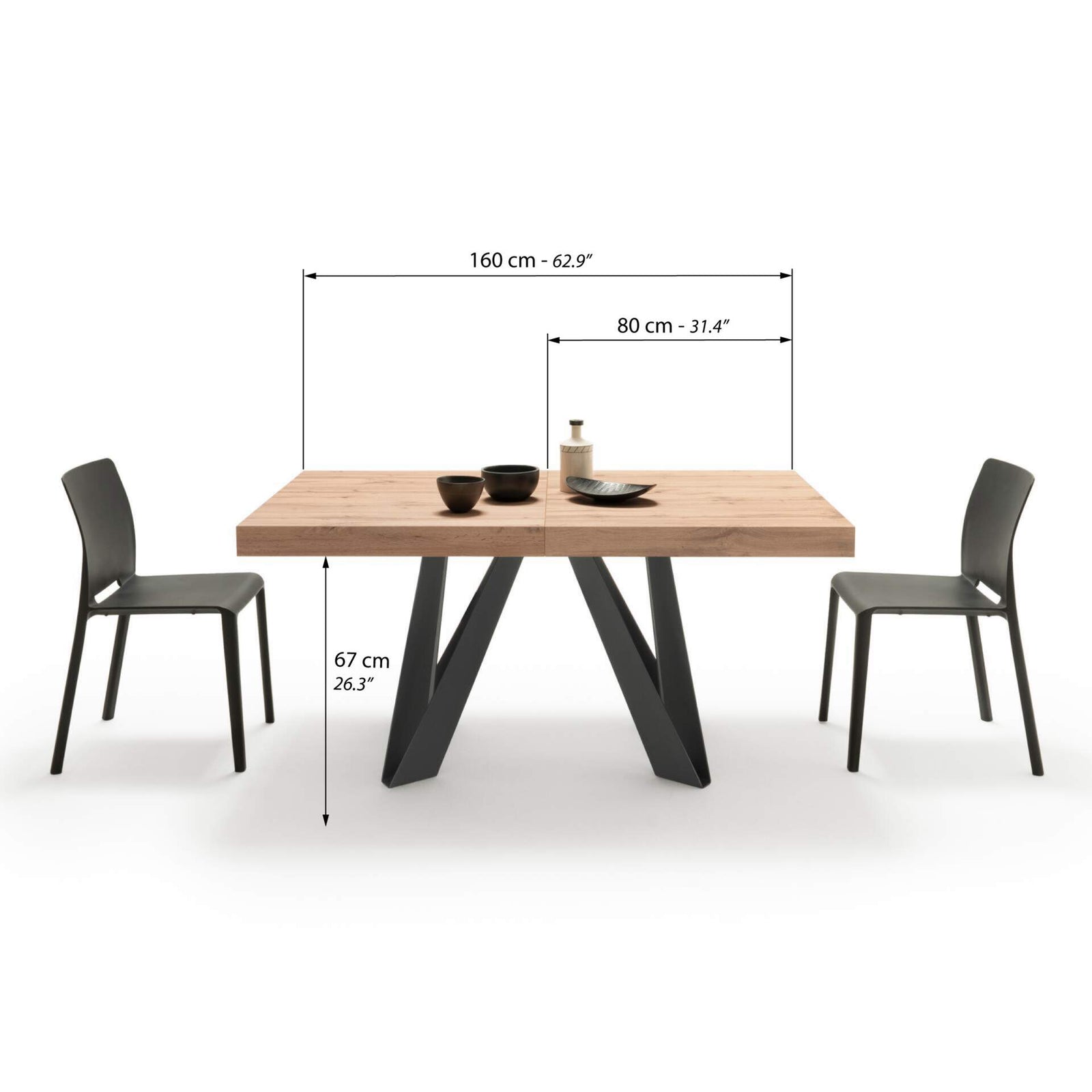 Tavolo Allungabile Romina 160(240)x90 cm, Rovere Rustico con Gambe in Ferro Nere - Immagine tecnica 1