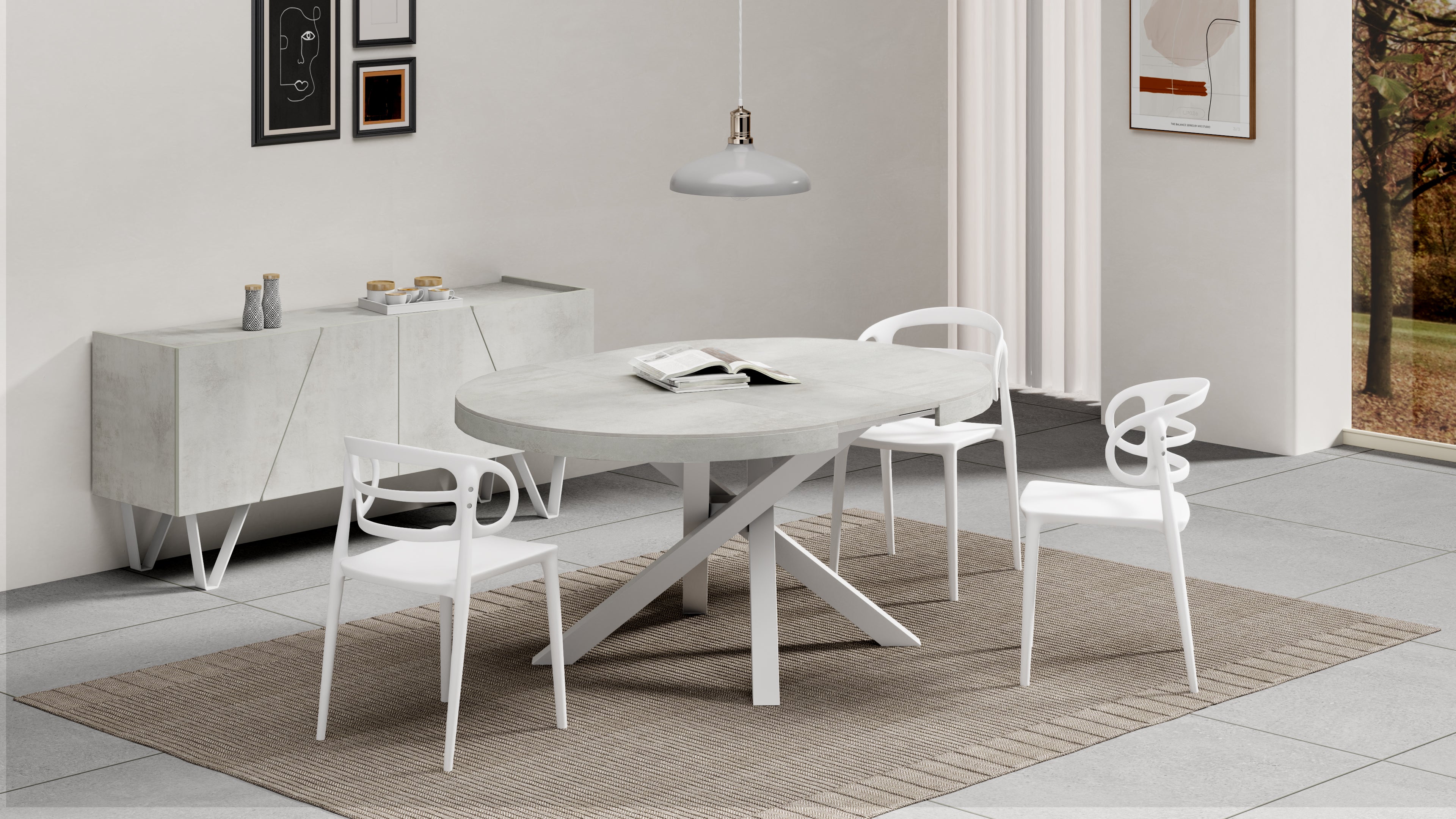 Runder ausziehbarer Tisch Emma, 120-160 cm, Grauer Beton mit gekreuzten Weißen Beinen - Set image 3