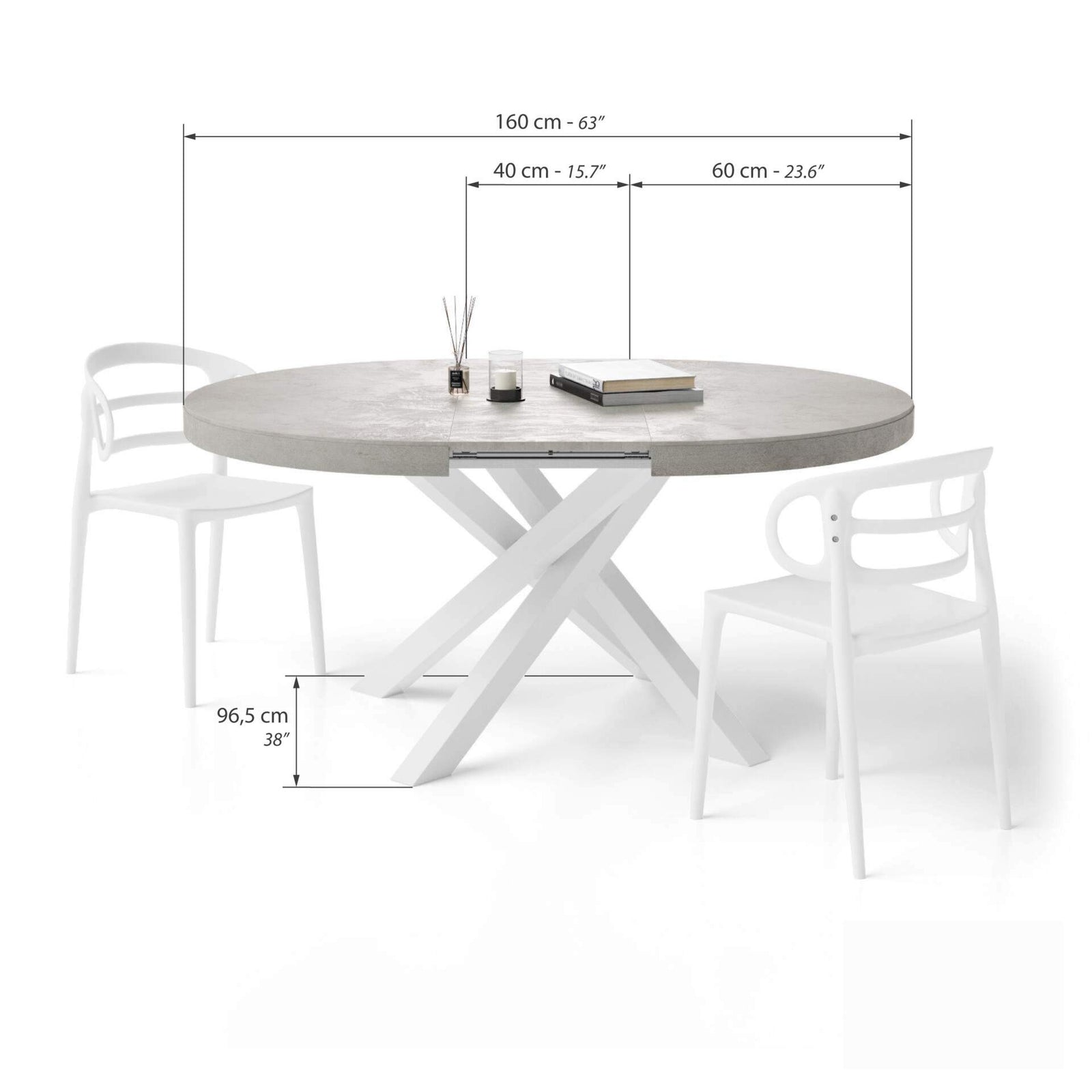 Runder ausziehbarer Tisch Emma, 120-160 cm, Grauer Beton mit gekreuzten Weißen Beinen - Immagine tecnica 2