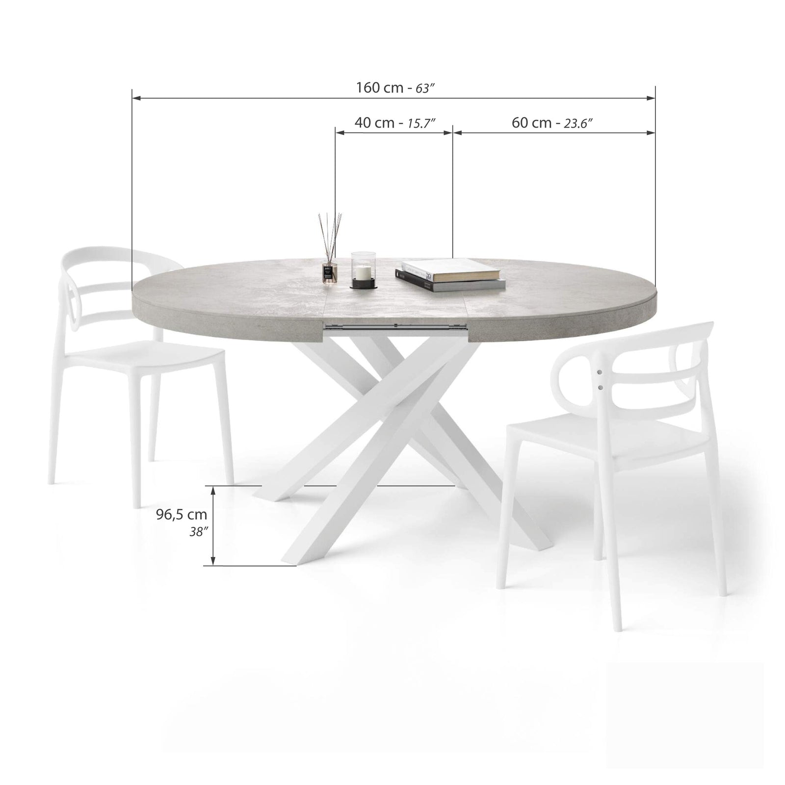 Ronde uitschuifbare Emma eettafel, 120-160 cm, Grijs Beton, met witte gekruiste poten - Immagine tecnica 2