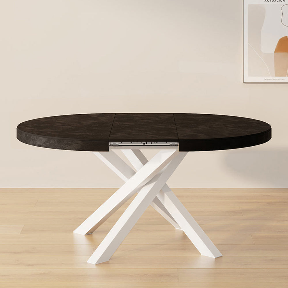 Emma Round Extendable Table, 47.2 - 63 in, Concrete Effect, Black with White crossed legs - Set image 1