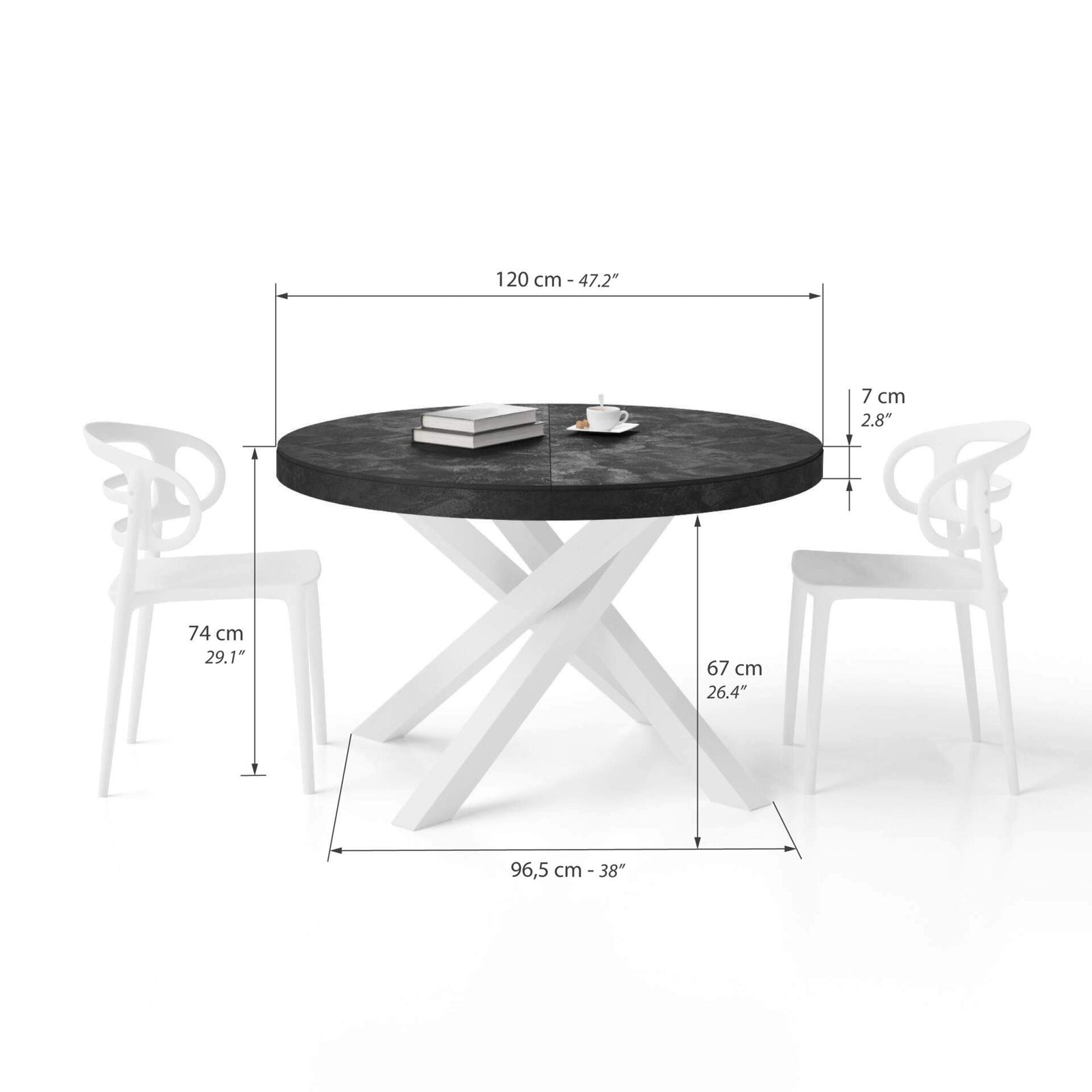 Runder ausziehbarer Tisch Emma, 120-160 cm, Schwarzer Beton mit gekreuzten Weißen Beinen - Immagine tecnica 1
