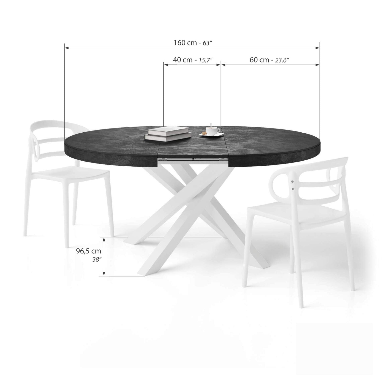 Runder ausziehbarer Tisch Emma, 120-160 cm, Schwarzer Beton mit gekreuzten Weißen Beinen - Immagine tecnica 2