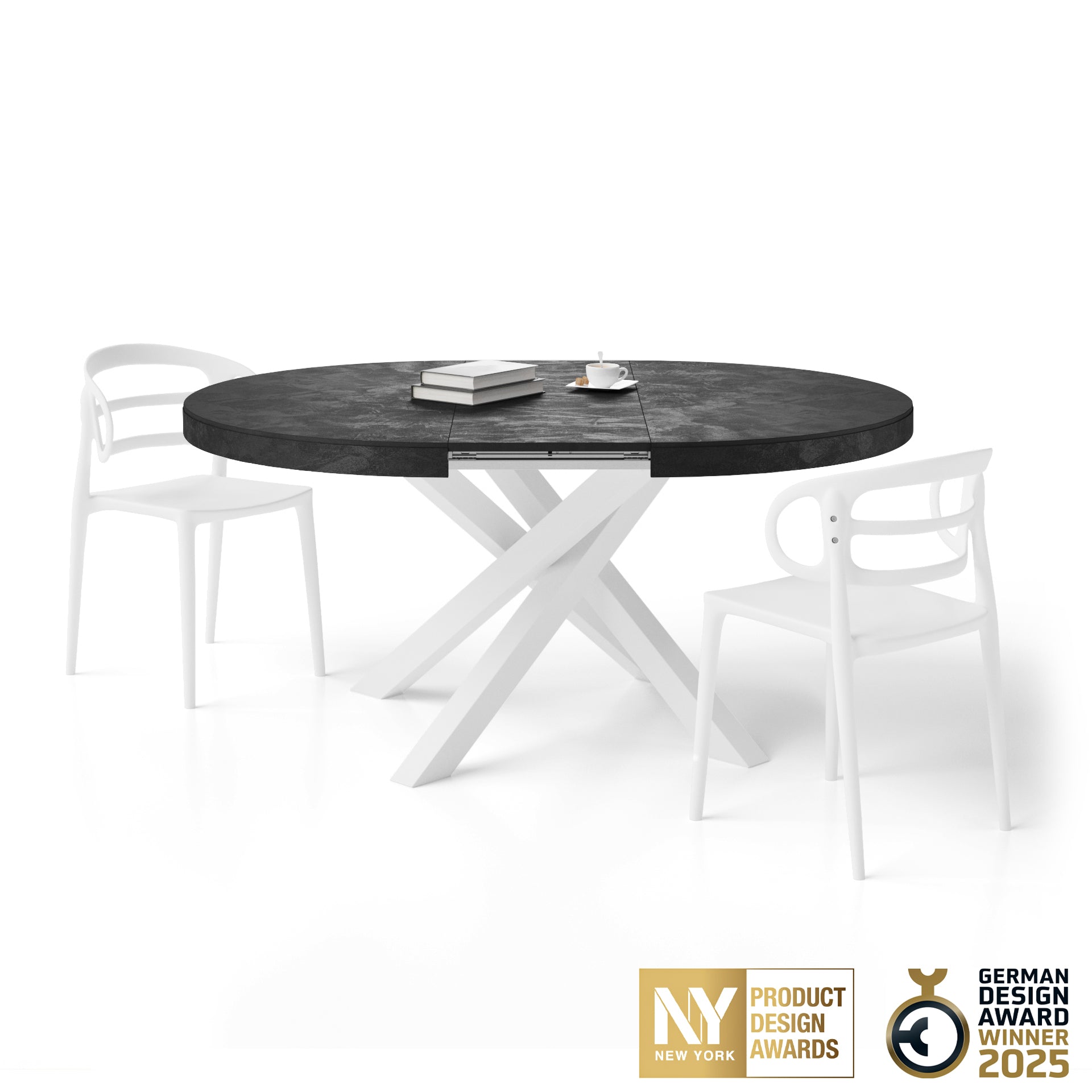 Emma Round Extendable Table, 47.2 - 63 in, Concrete Effect, Black with White crossed legs - Main image