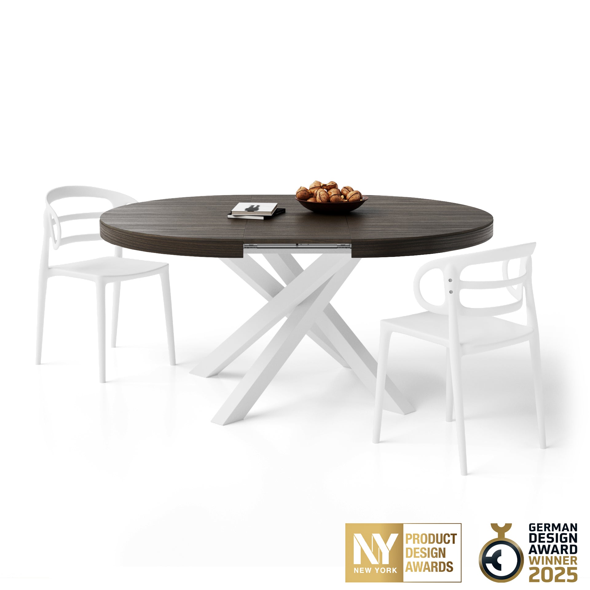Mesa redonda extensible Emma 120-160 cm en color nogal americano con patas cruzadas blancas