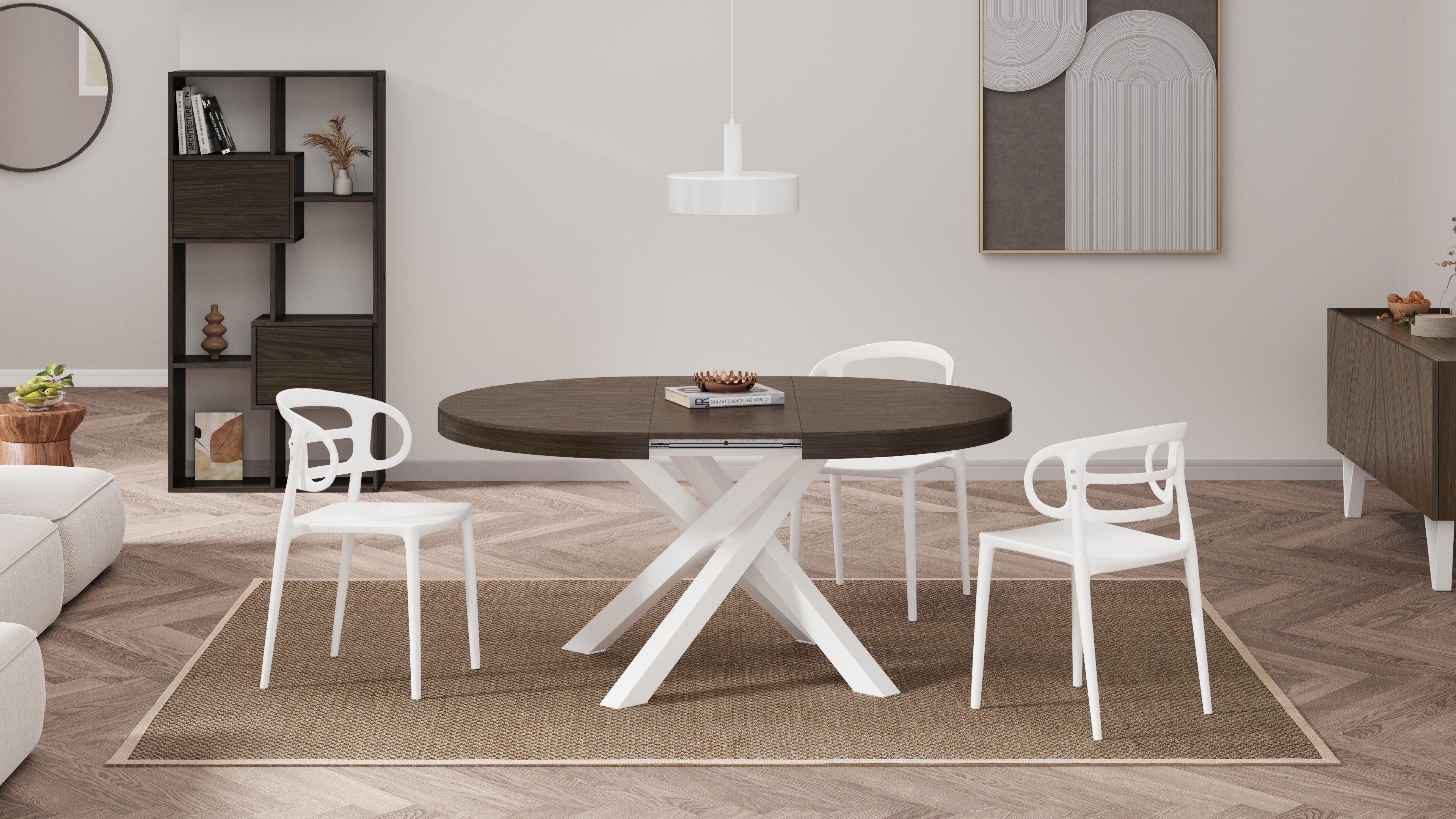 Runder ausziehbarer Tisch Emma, 120-160 cm, Nussbaum Dunkel mit gekreuzten Weißen Beinen - Set image 2