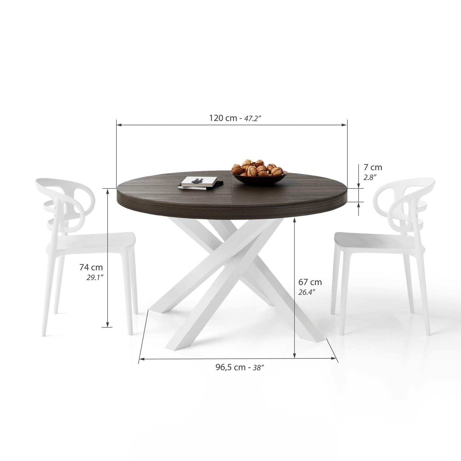 Emma Round Extendable Table, 120-160 cm, Dark Walnut with White crossed legs - Immagine tecnica 1