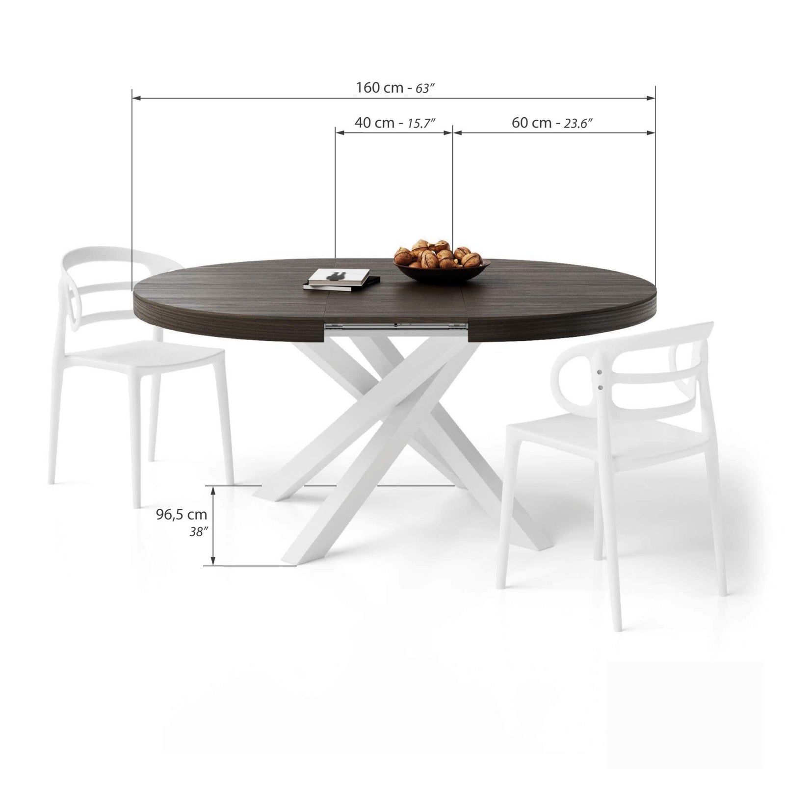 Runder ausziehbarer Tisch Emma, 120-160 cm, Nussbaum Dunkel mit gekreuzten Weißen Beinen - Immagine tecnica 2