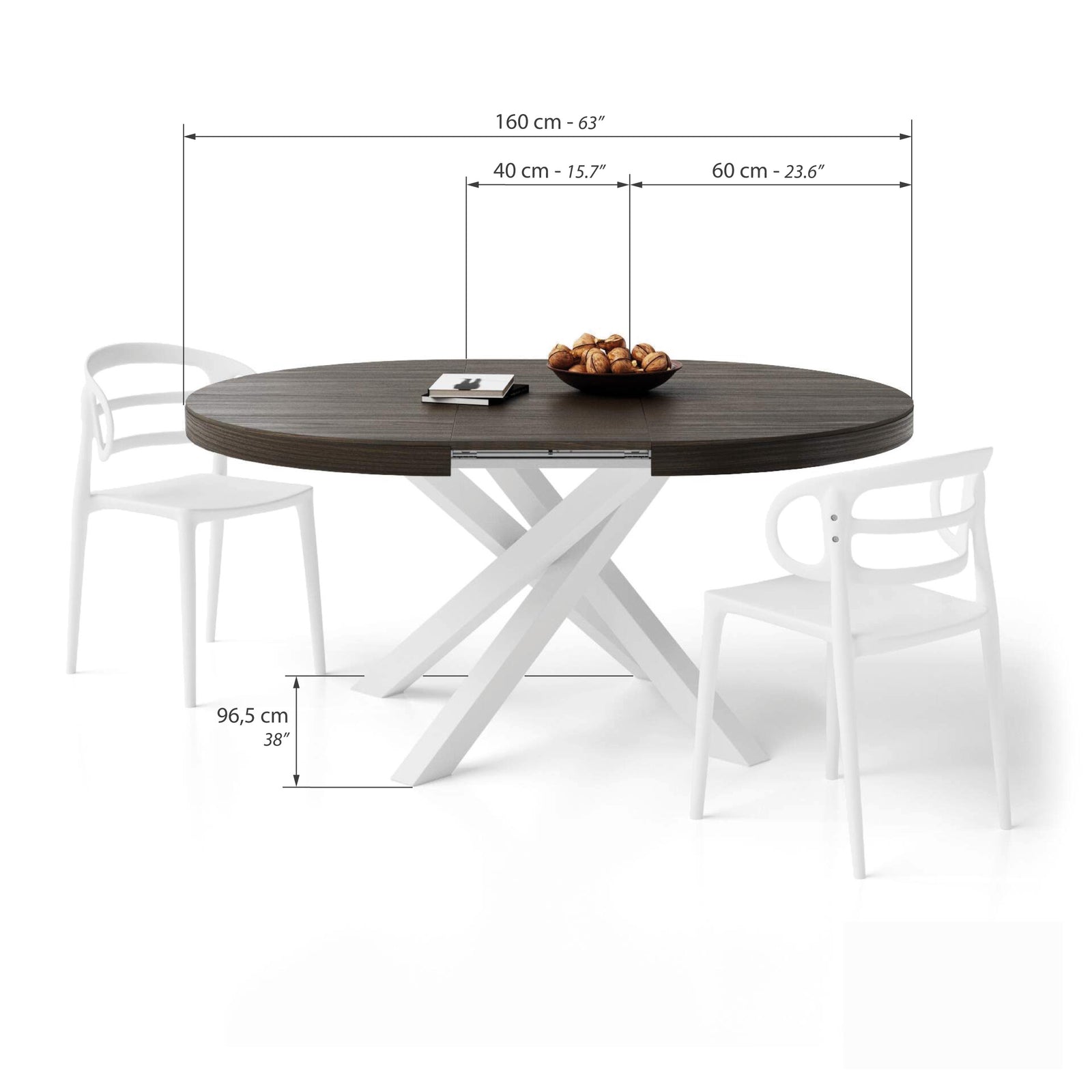 Emma Round Extendable Table, 120-160 cm, Dark Walnut with White crossed legs - Immagine tecnica 2