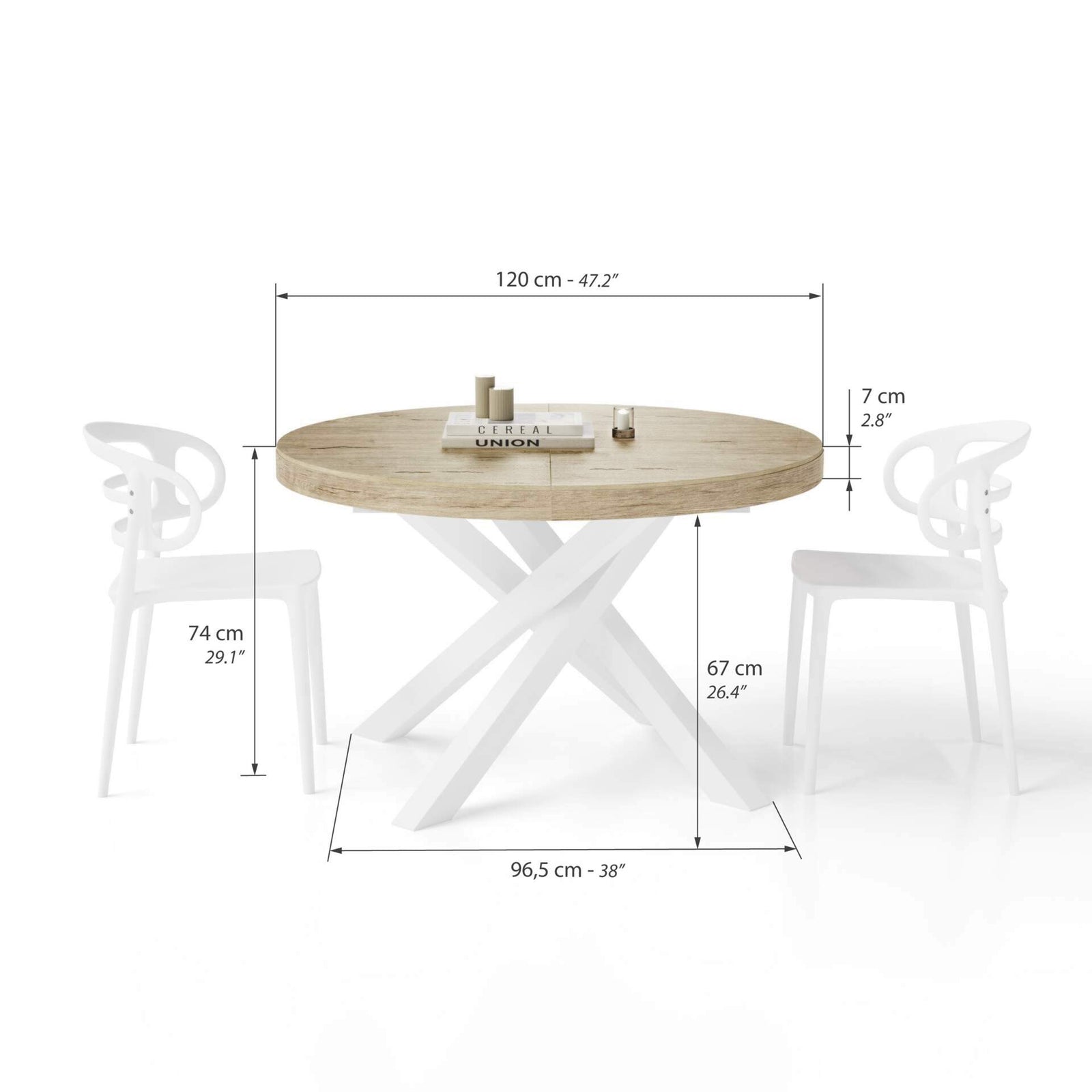 Runder ausziehbarer Tisch Emma, 120-160 cm, Eiche mit gekreuzten Weißen Beinen - Immagine tecnica 1