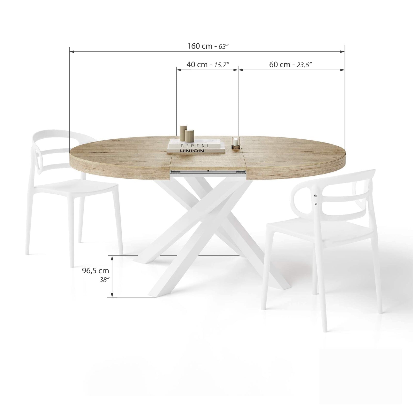Runder ausziehbarer Tisch Emma, 120-160 cm, Eiche mit gekreuzten Weißen Beinen - Immagine tecnica 2