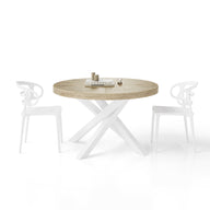 Tavolo Allungabile Rotondo Emma, 120-160 cm, Quercia con gambe Incrociate Bianche