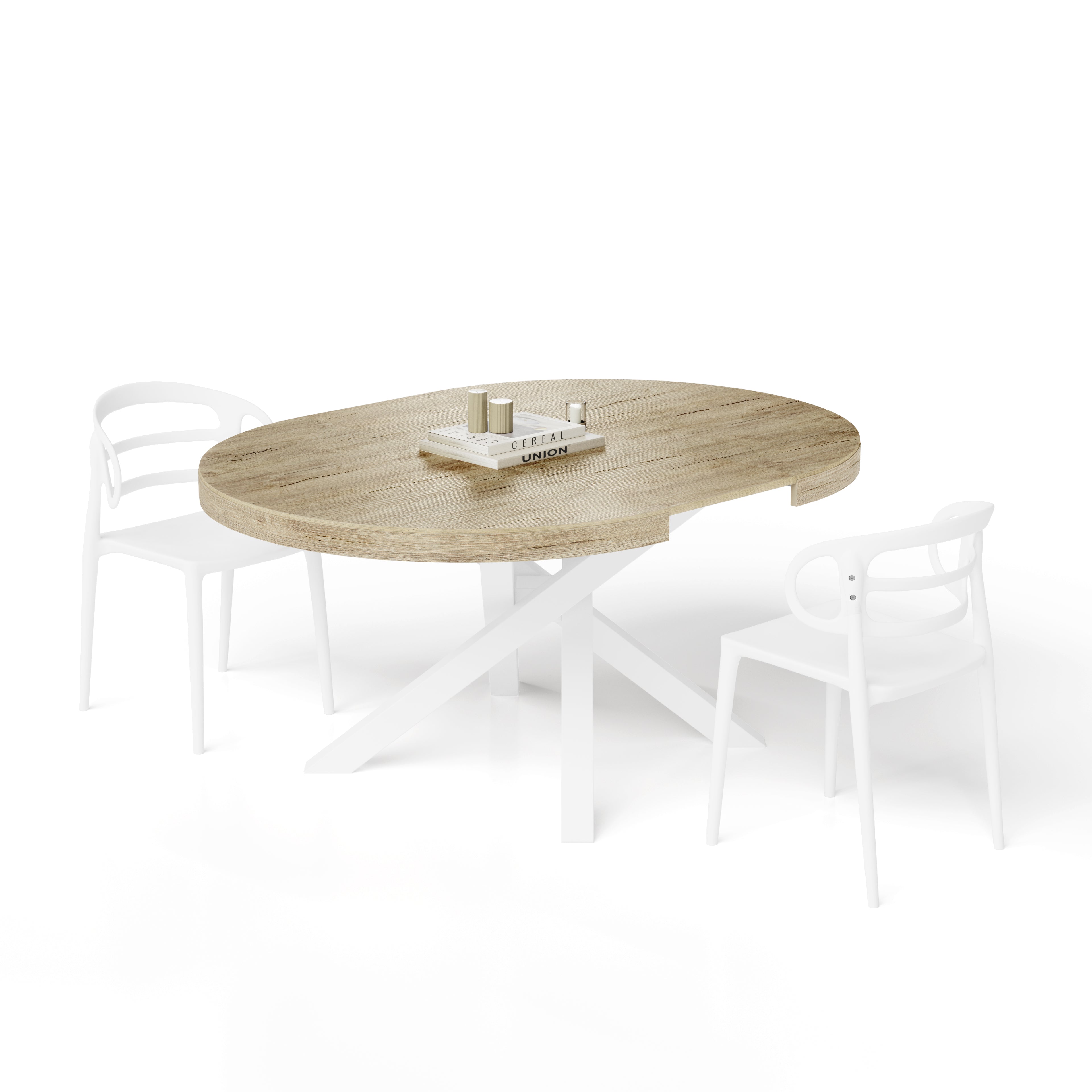 Mesa redonda extensible Emma 120-160 cm en color Encina con patas cruzadas blancas