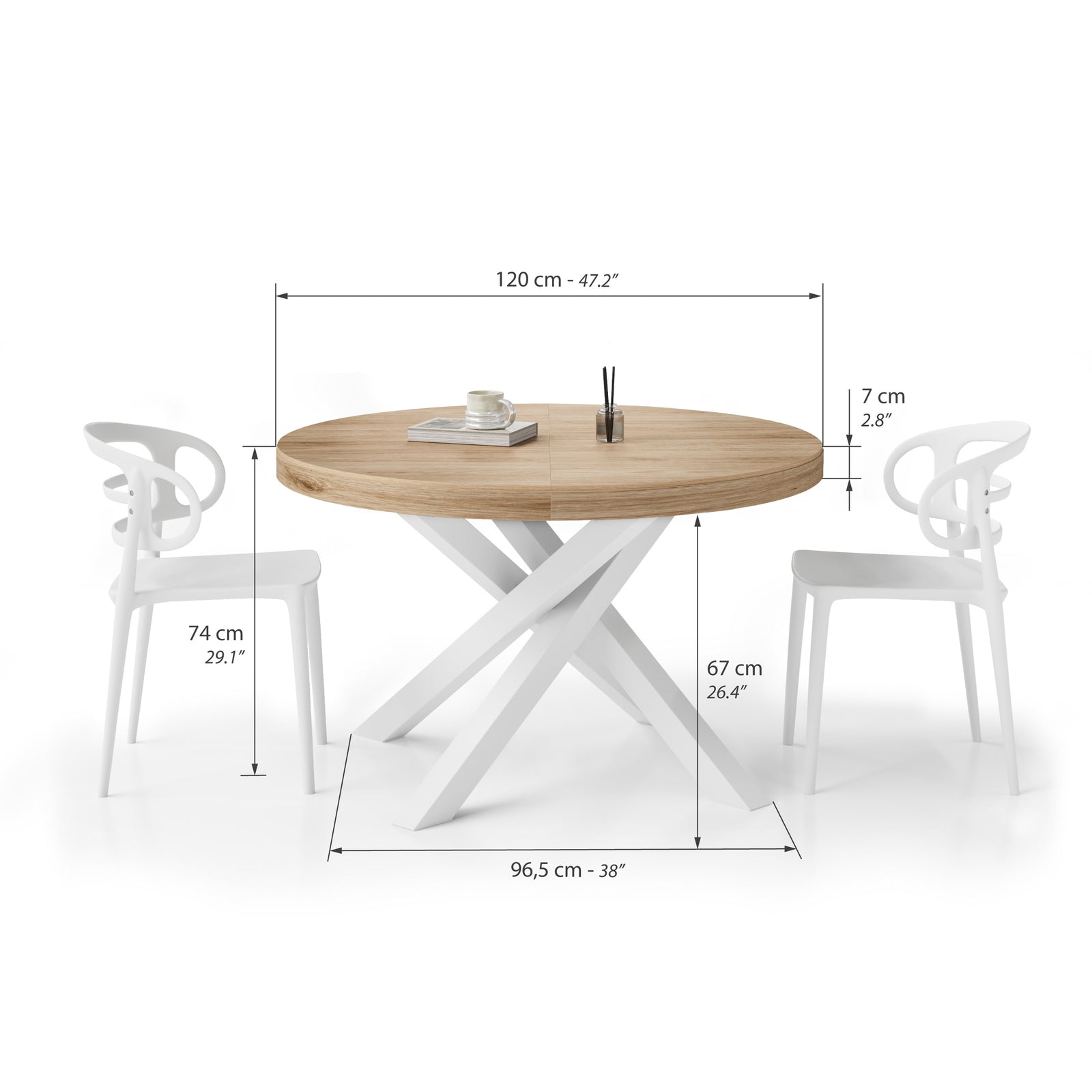 Emma Round Extendable Table, 120–160 cm, Light Oak with White crossed legs - Immagine tecnica 1