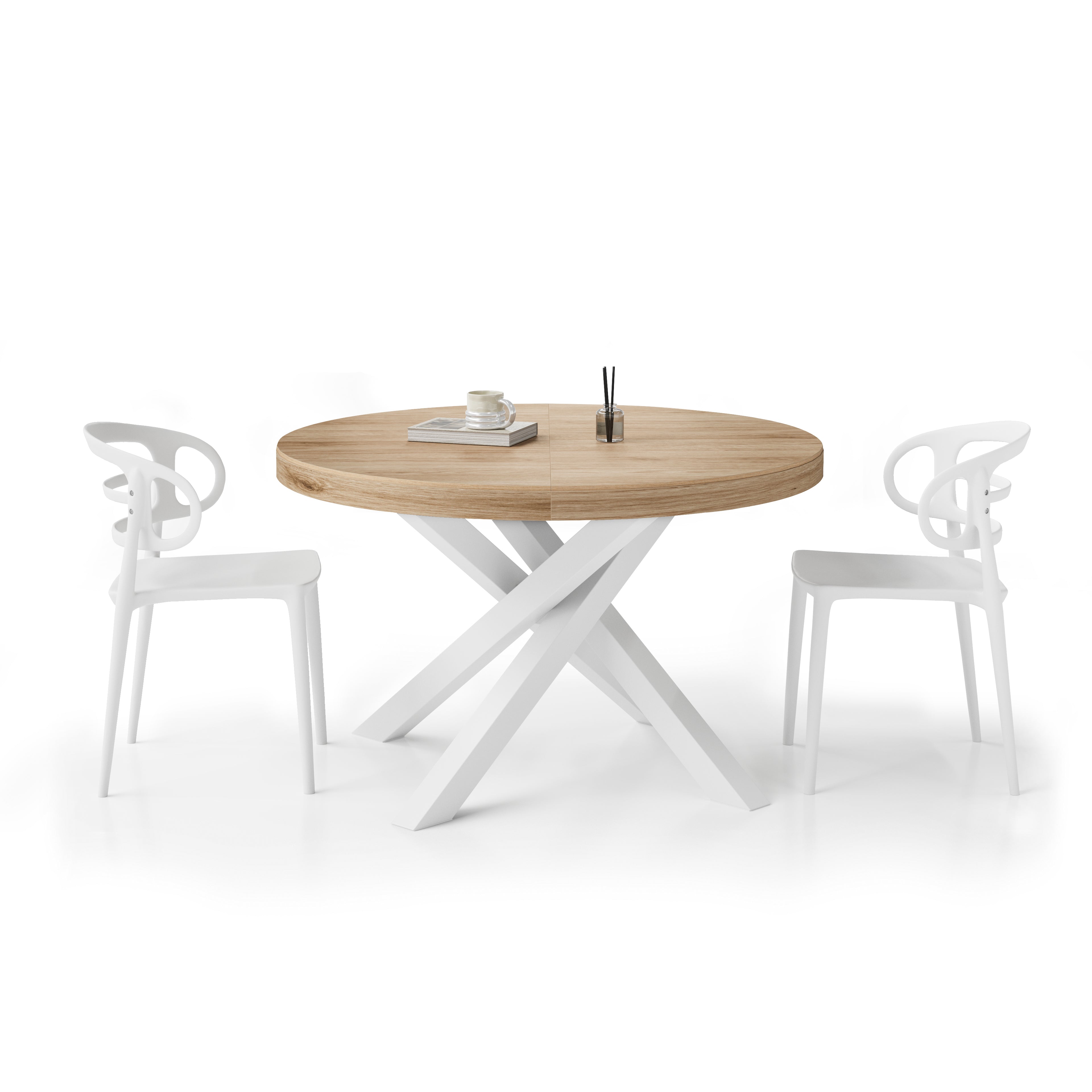 Emma Round Extendable Table, 120–160 cm, Light Oak with White crossed legs