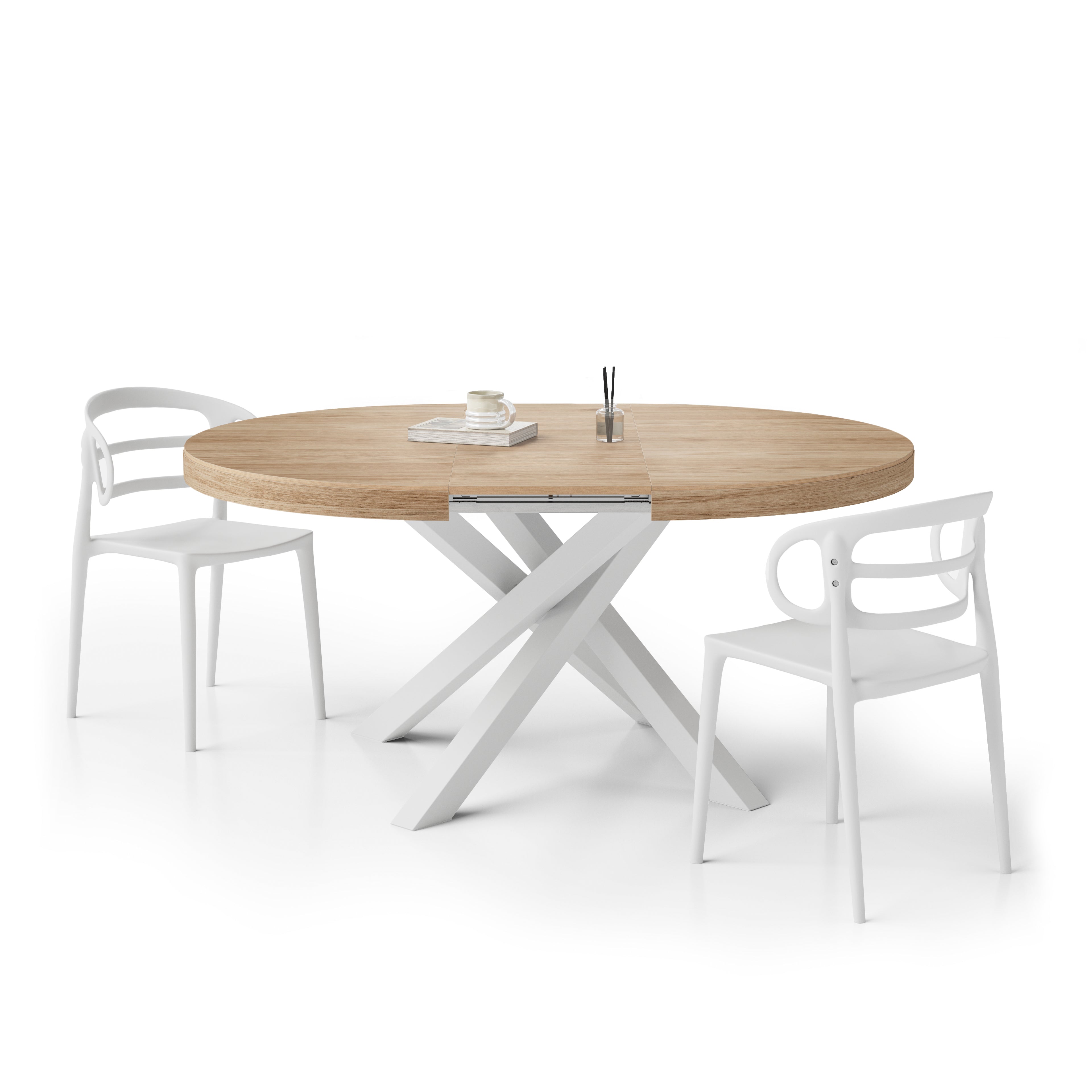 Emma Round Extendable Table, 120–160 cm, Light Oak with White crossed legs