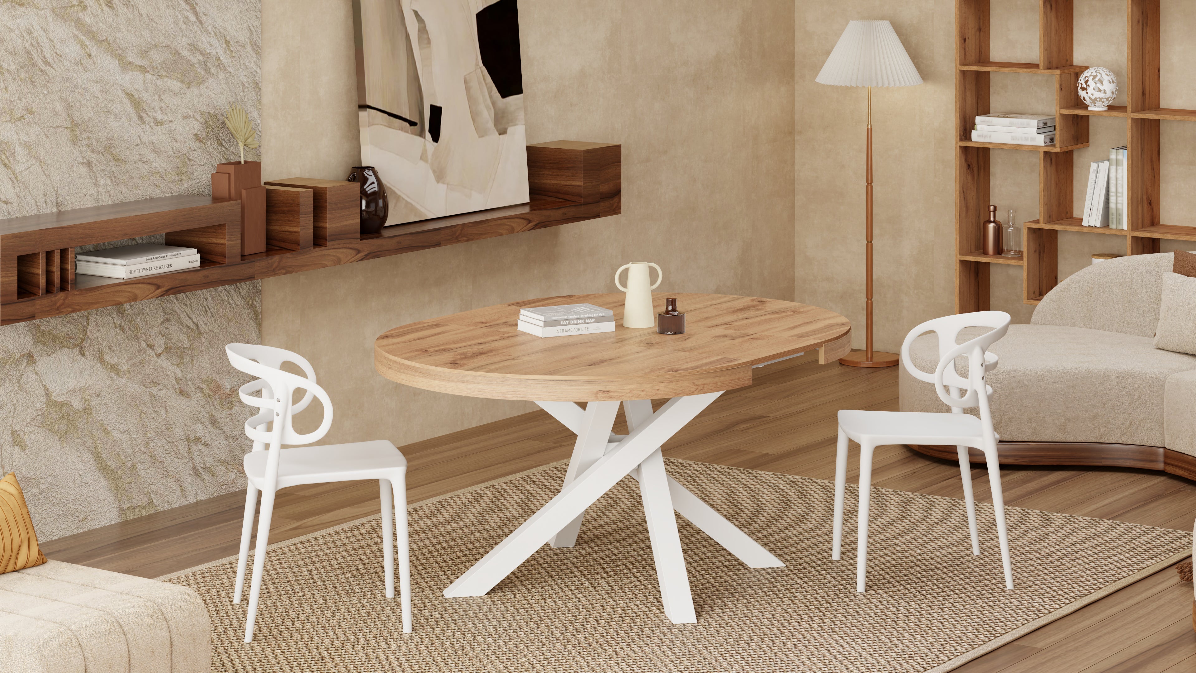 Emma Round Extendable Table, 120-160 cm, Rustic Oak with White crossed legs - Set image 7
